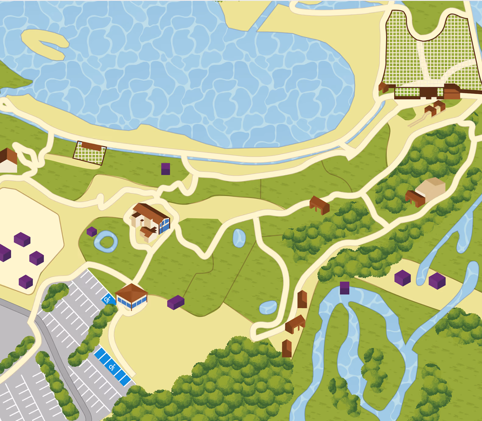 Plan illustré de la réserve : lac, chemins et enclos