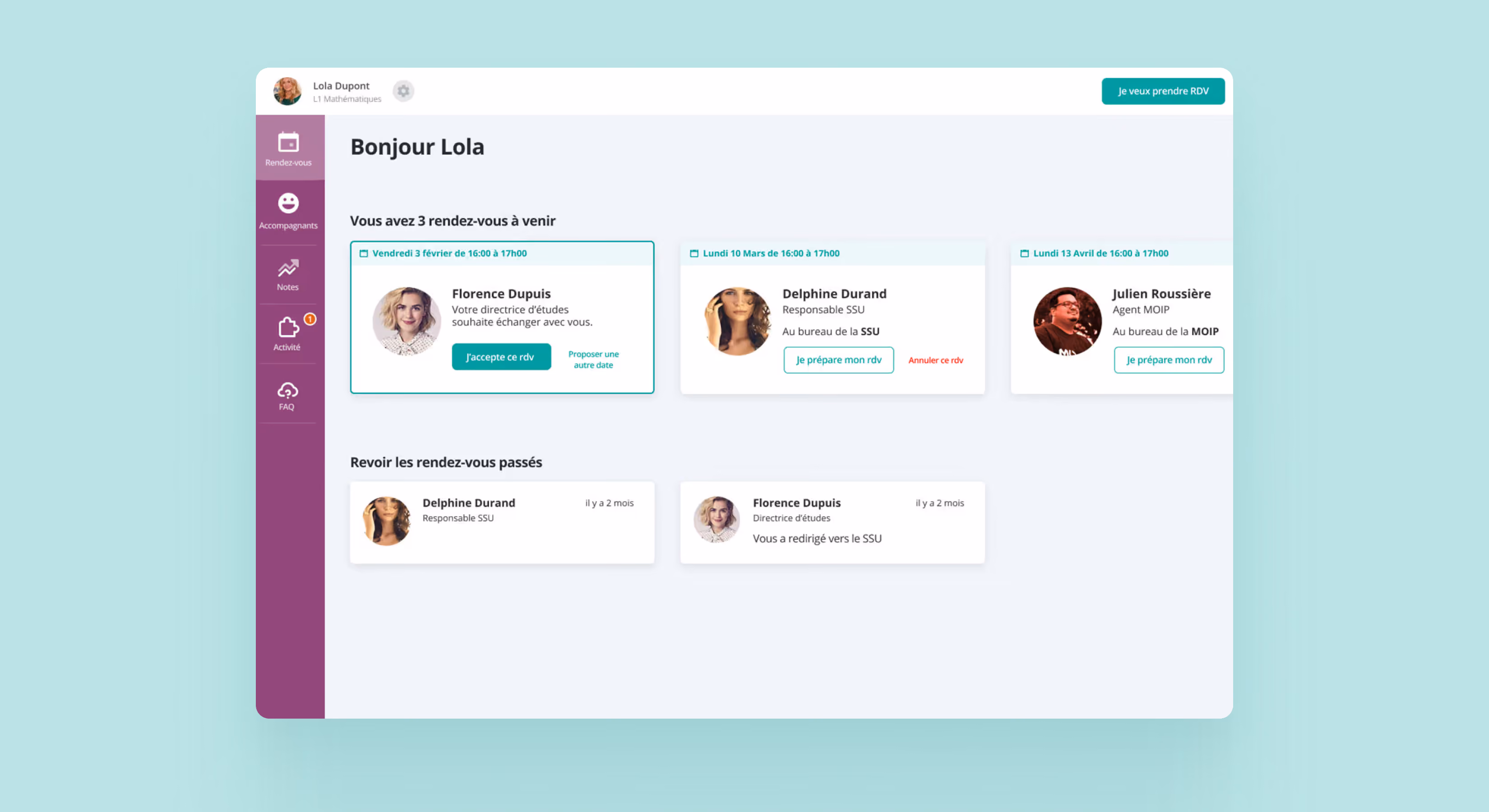 Écran « Bonjour Lola » avec rendez-vous à venir, sur fond turquoise