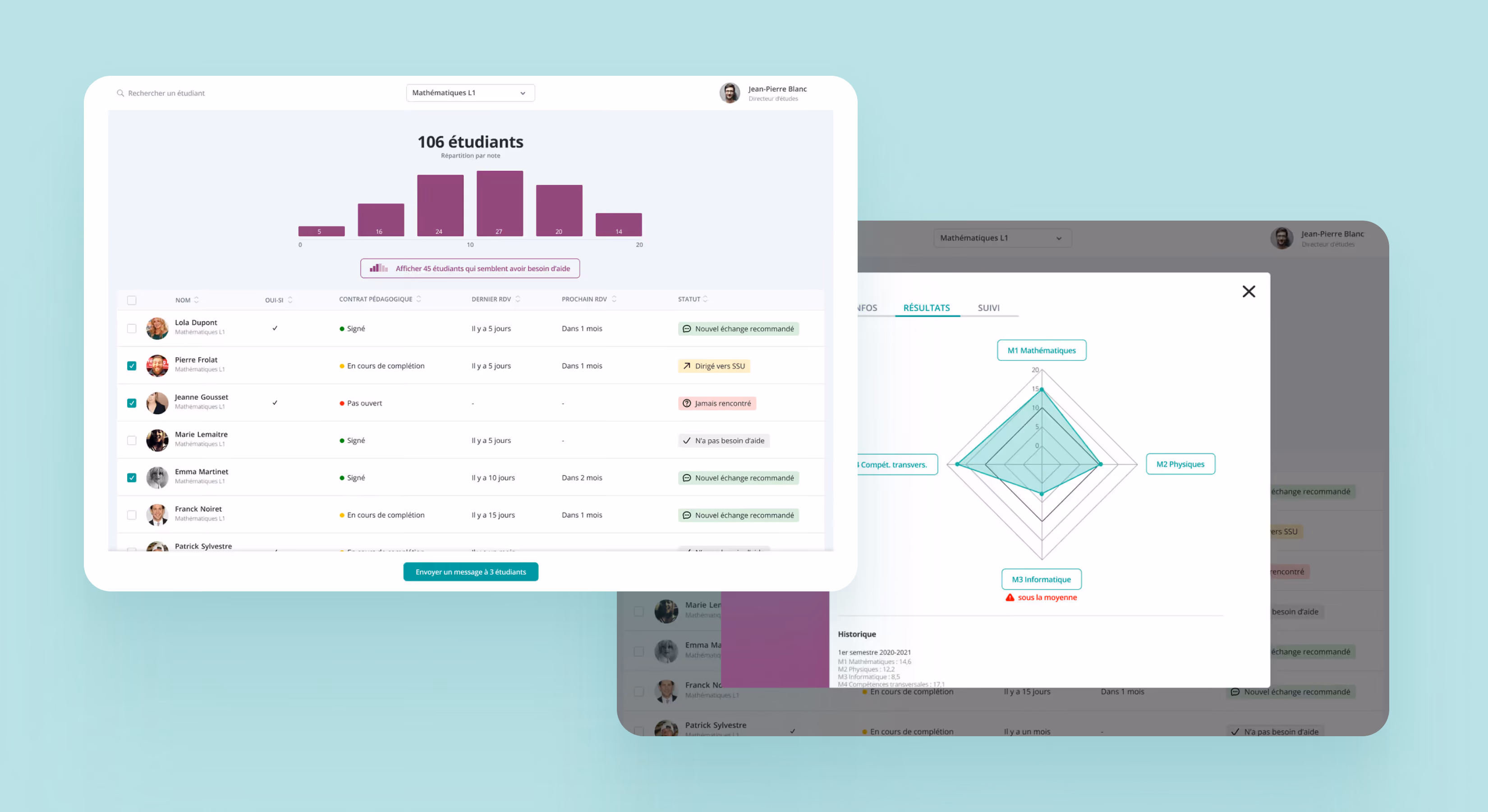 Deux fenêtres d'une plateforme de suivi des étudiants : graphique, tableau et radar sur fond turquoise