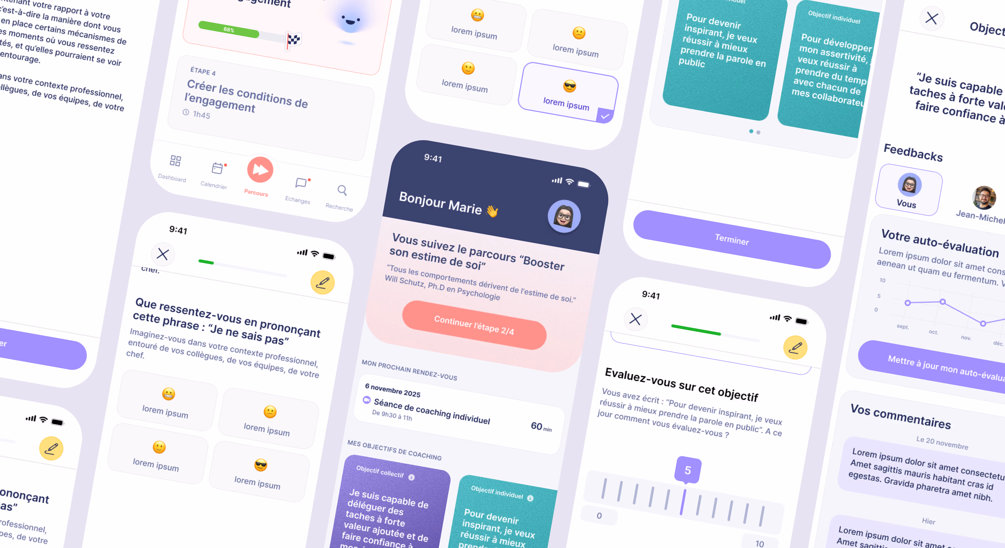 Mosaïque d'écrans de l'application de coaching sur fond lavande