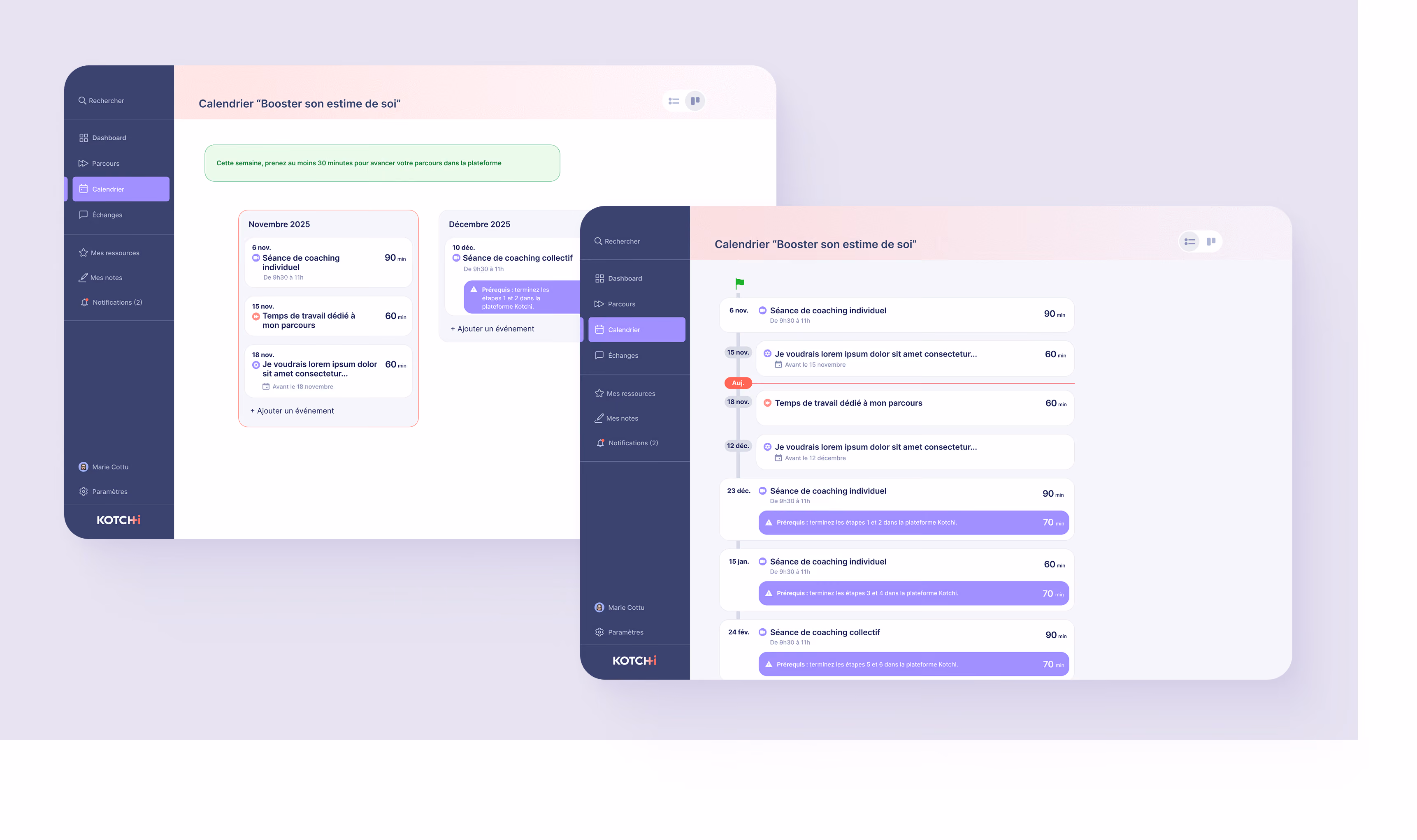 Deux fenêtres de calendrier de séances de coaching
