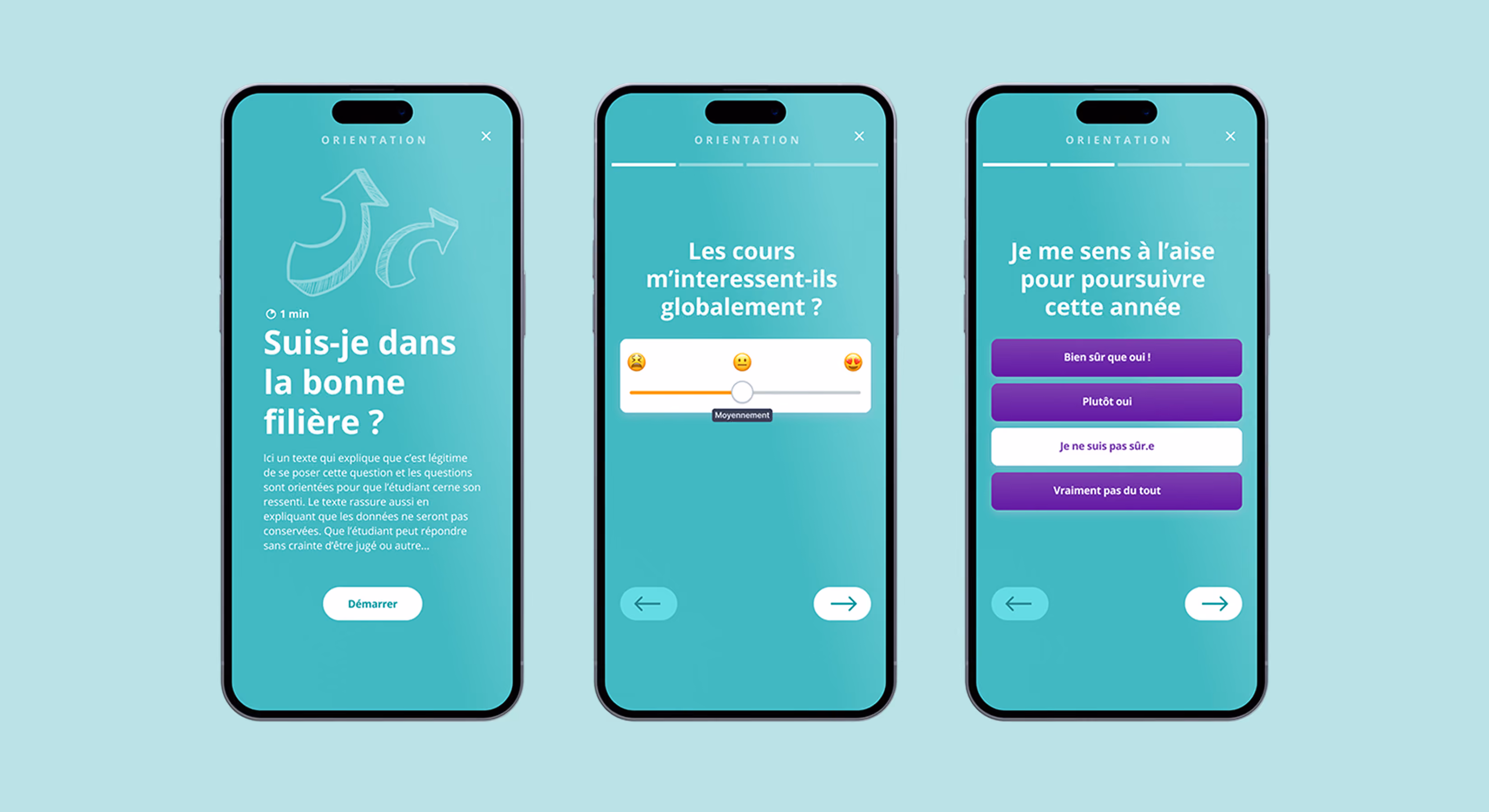 Trois écrans de smartphone turquoise : « Suis-je dans la bonne filière ? »