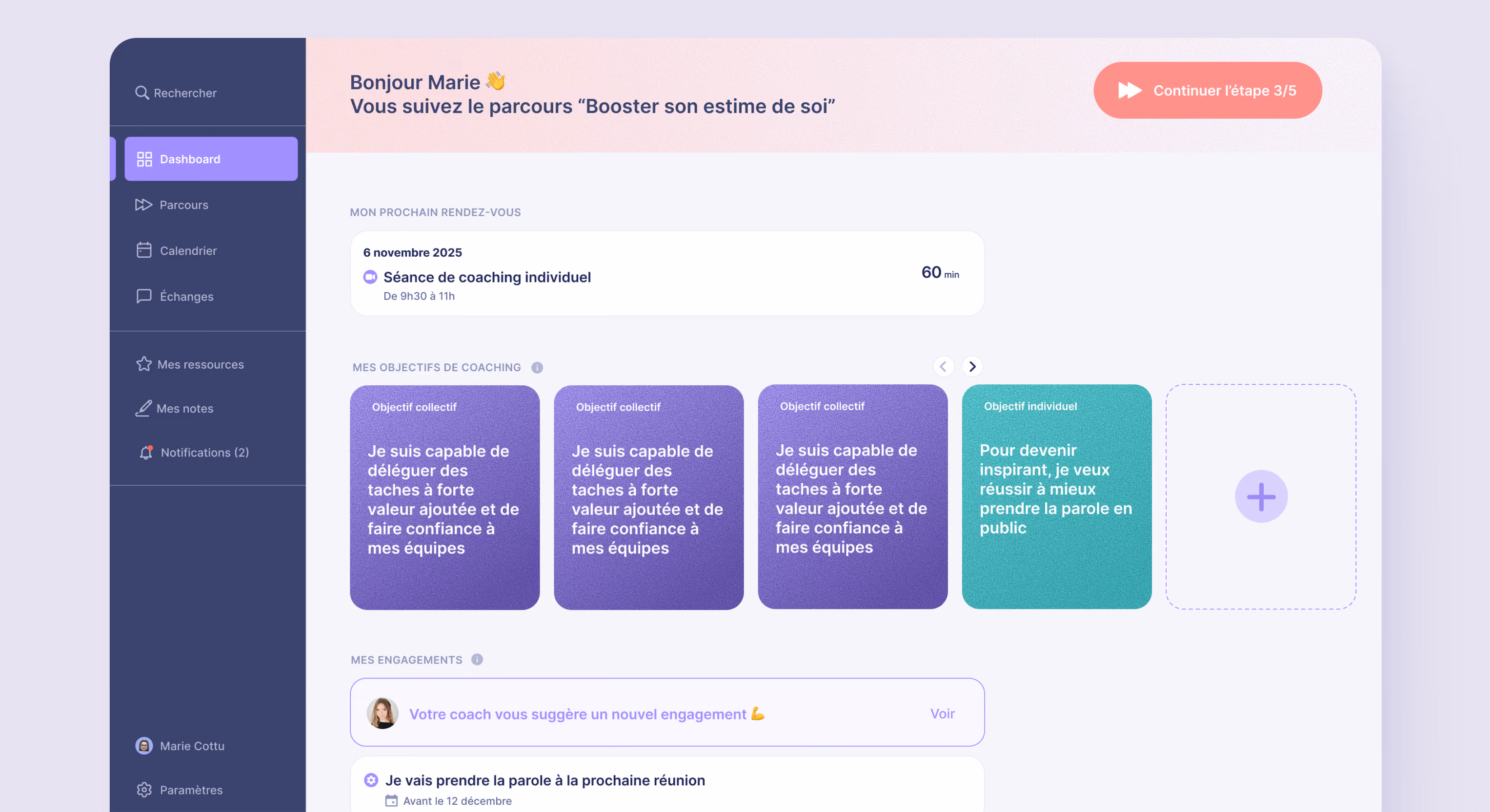 Interface « Bonjour Marie » du parcours « Booster son estime de soi »