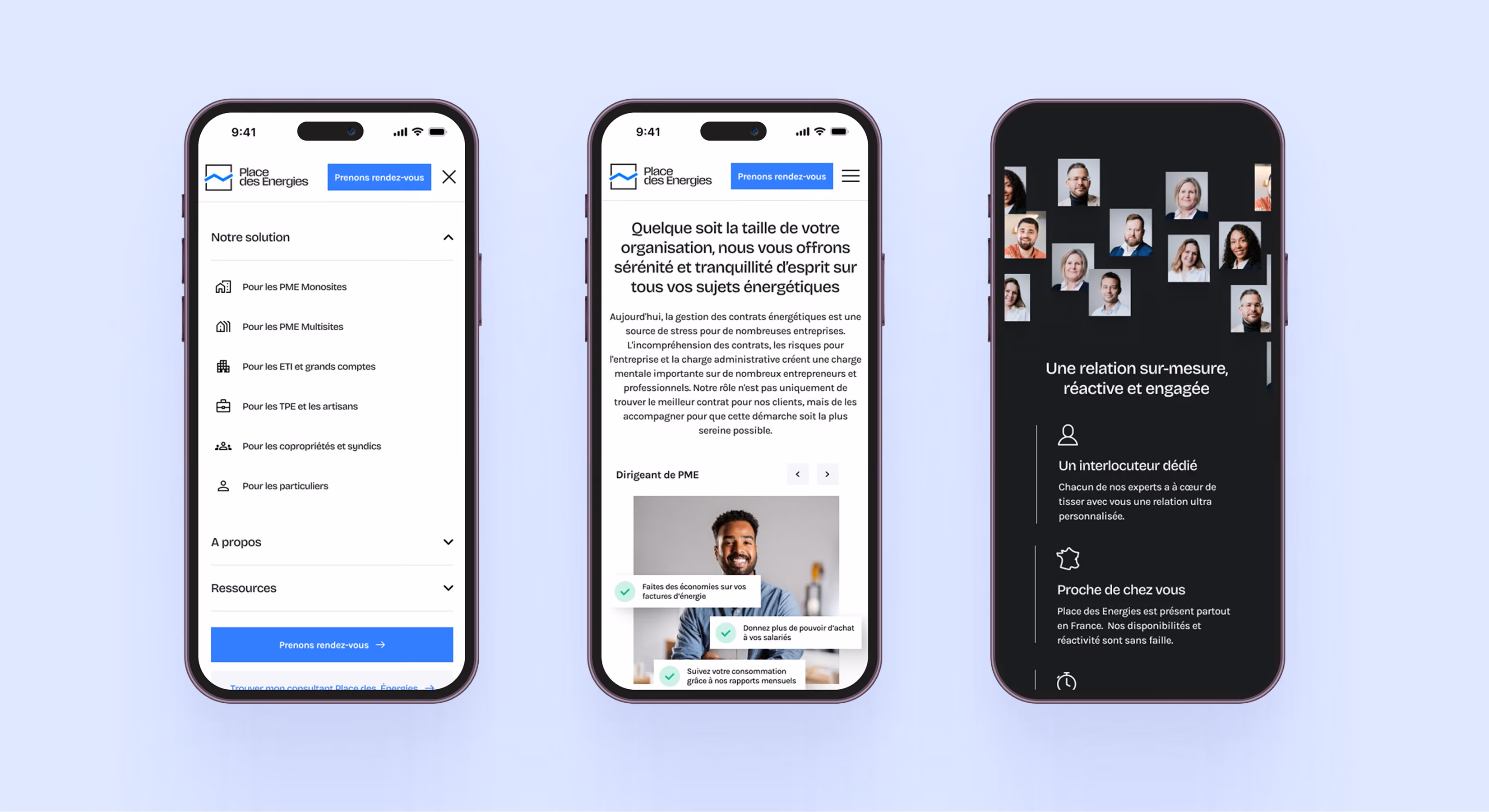 Trois écrans de smartphone de l'application Place des Énergies