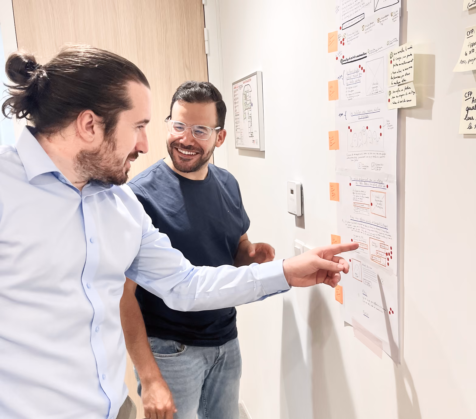 Deux hommes devant un mur de post-it, l'un pointant du doigt