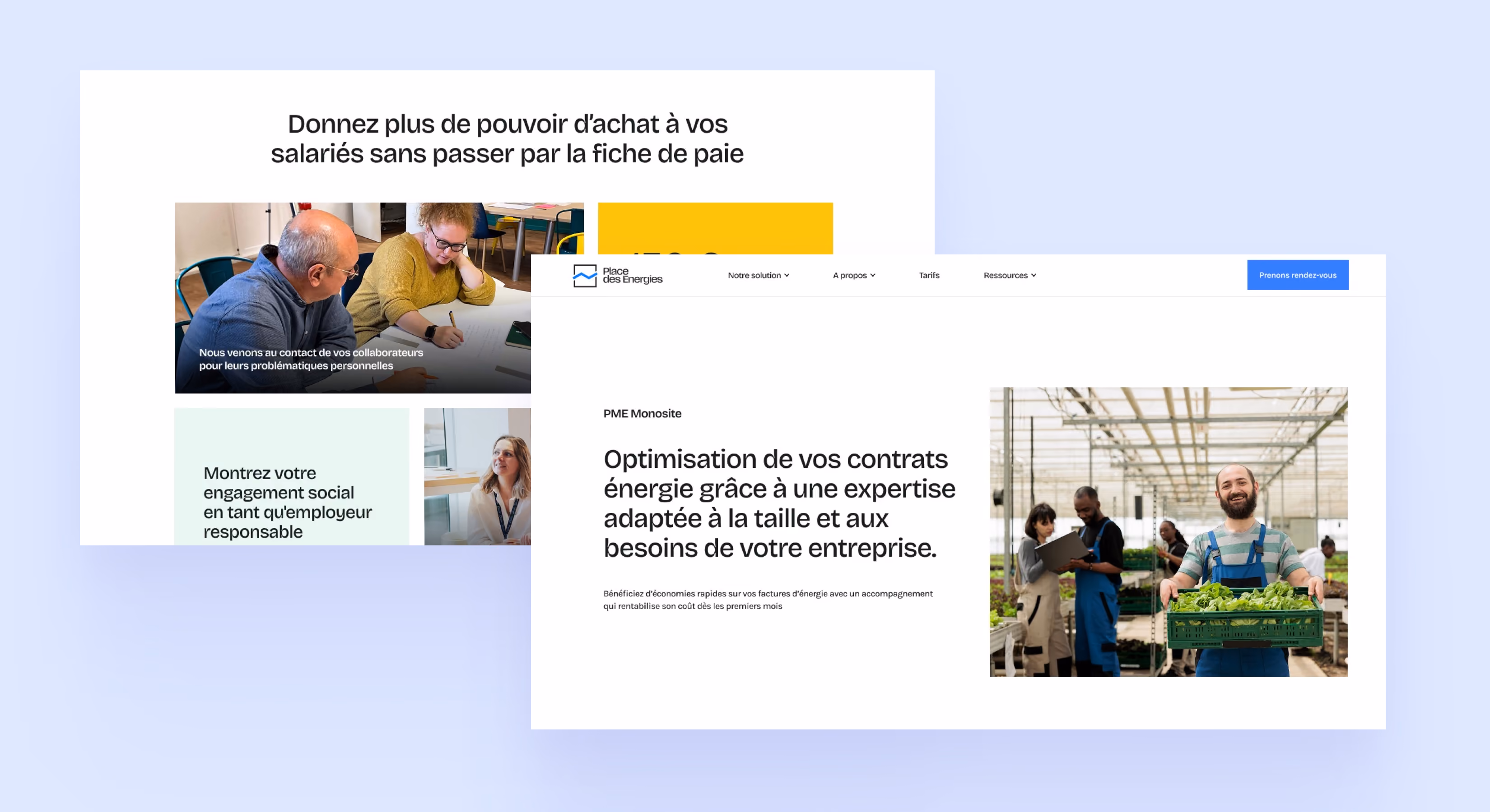 Deux pages du site : « Donnez plus de pouvoir d'achat à vos salariés »