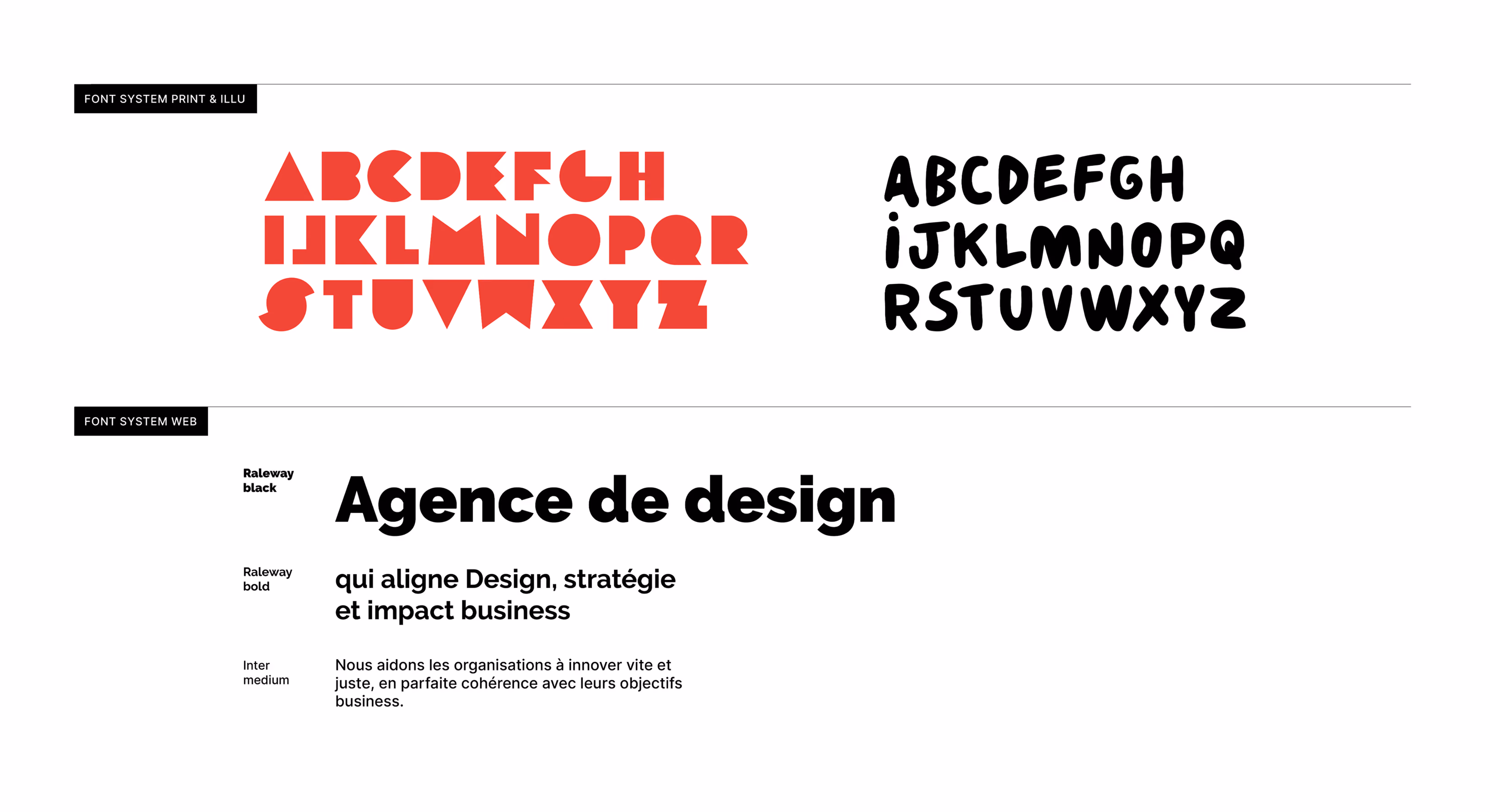 Alphabet de la typographie Locomo et exemple de texte « Agence de design »