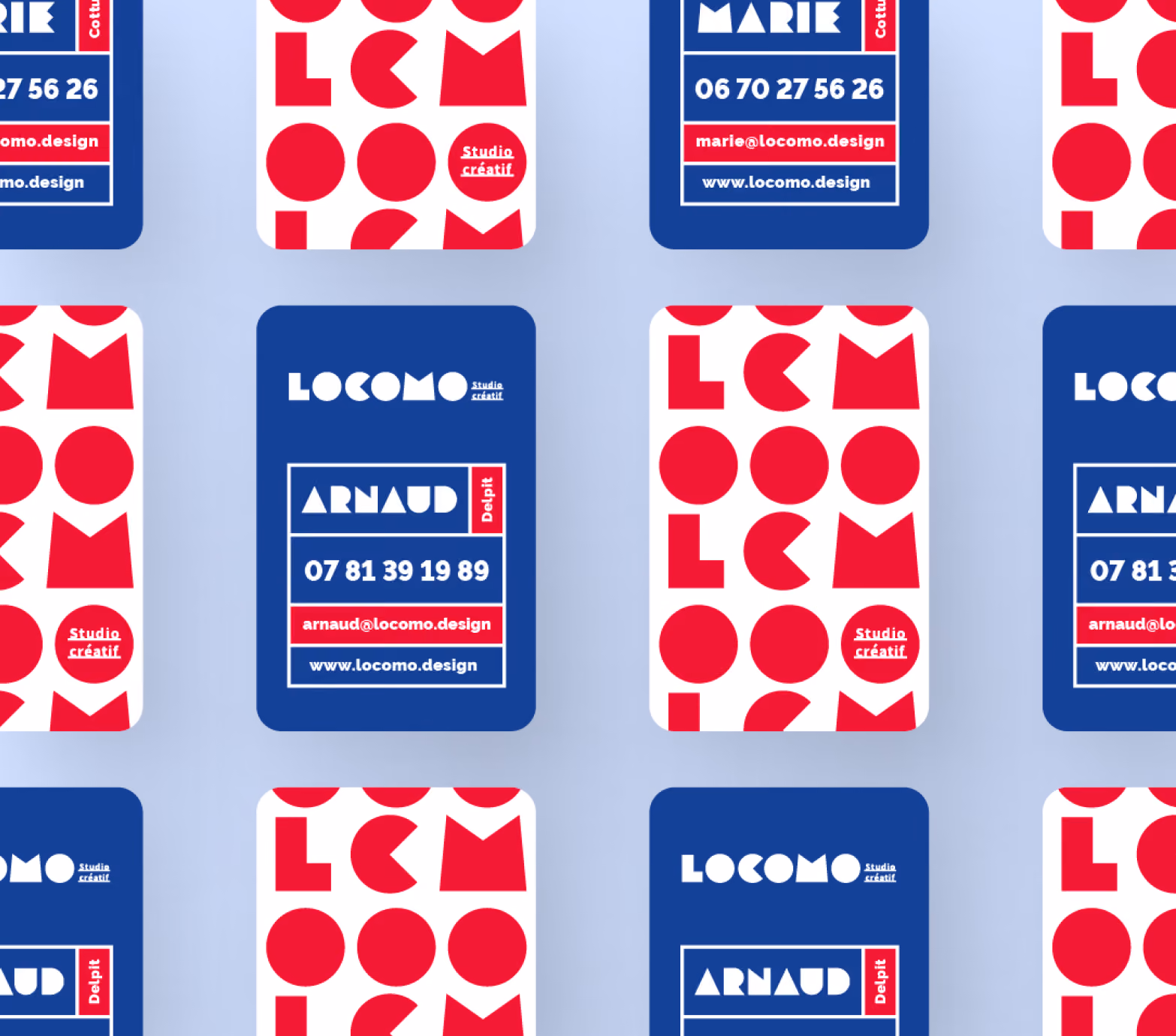 Cartes de visite Locomo bleues et rouges de Marie et Arnaud