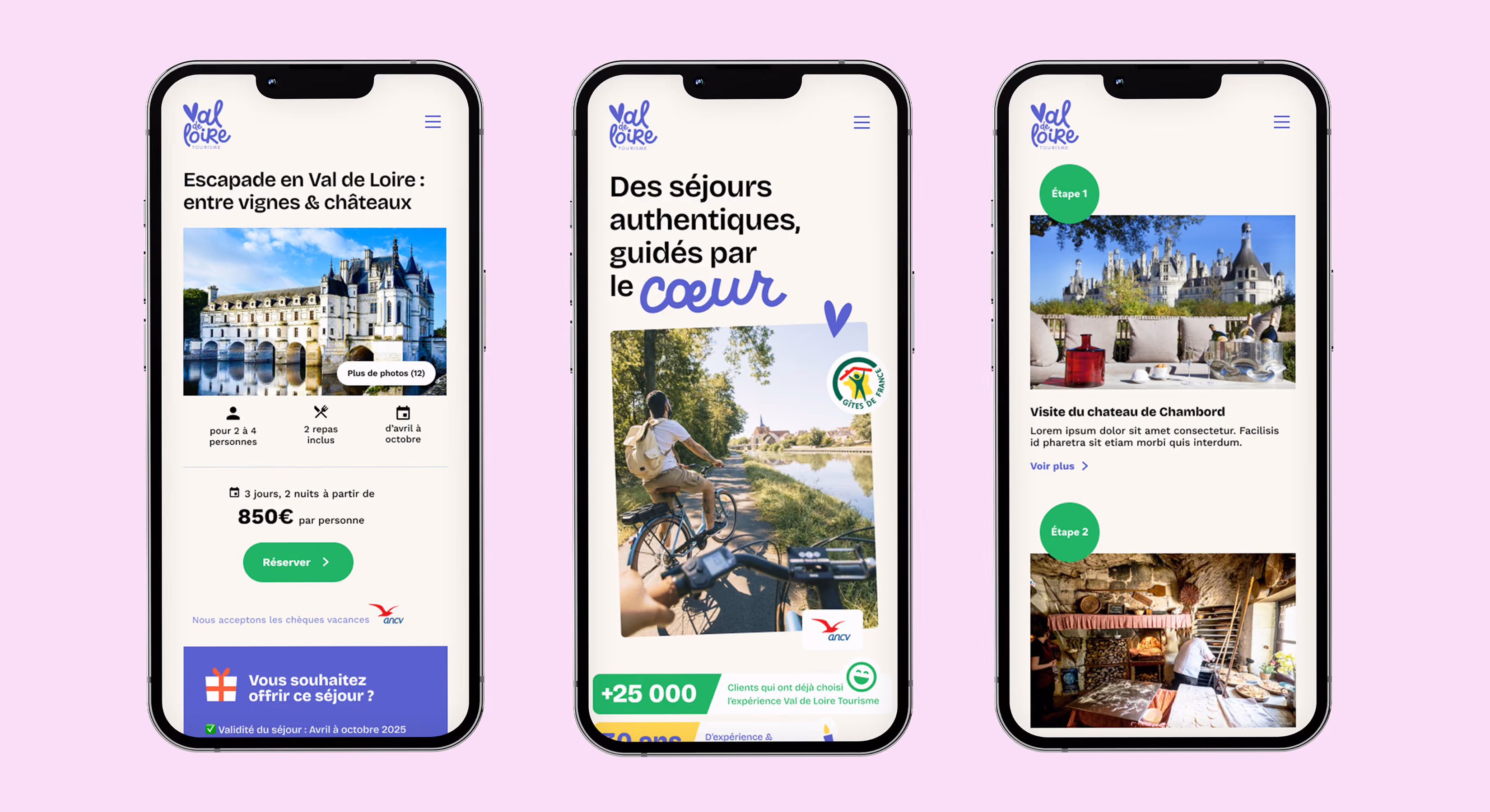 Trois smartphones affichant le site Val de Loire Tourisme