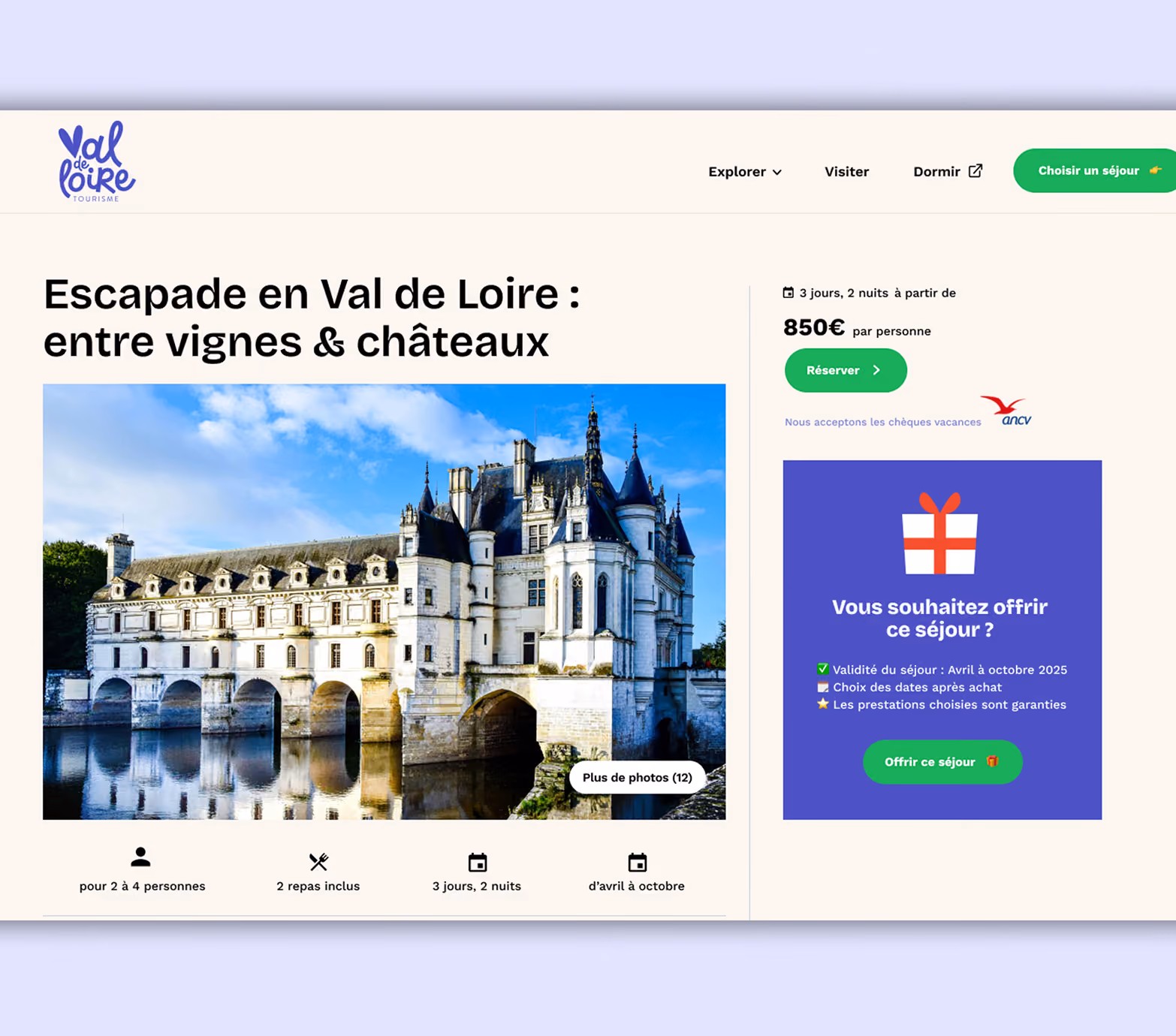 Page du site : « Escapade en Val de Loire : entre vignes et châteaux »