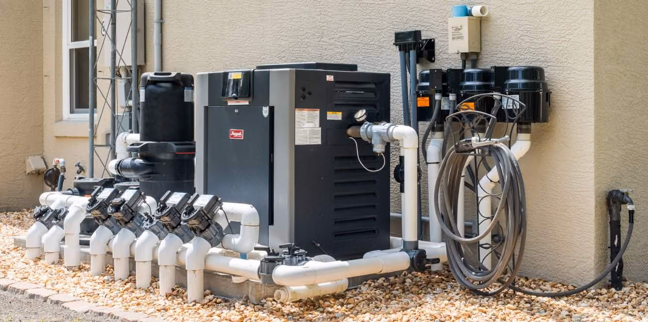 Pool equipment pad with pump, filter and heater installed by Splashworks in Central Florida