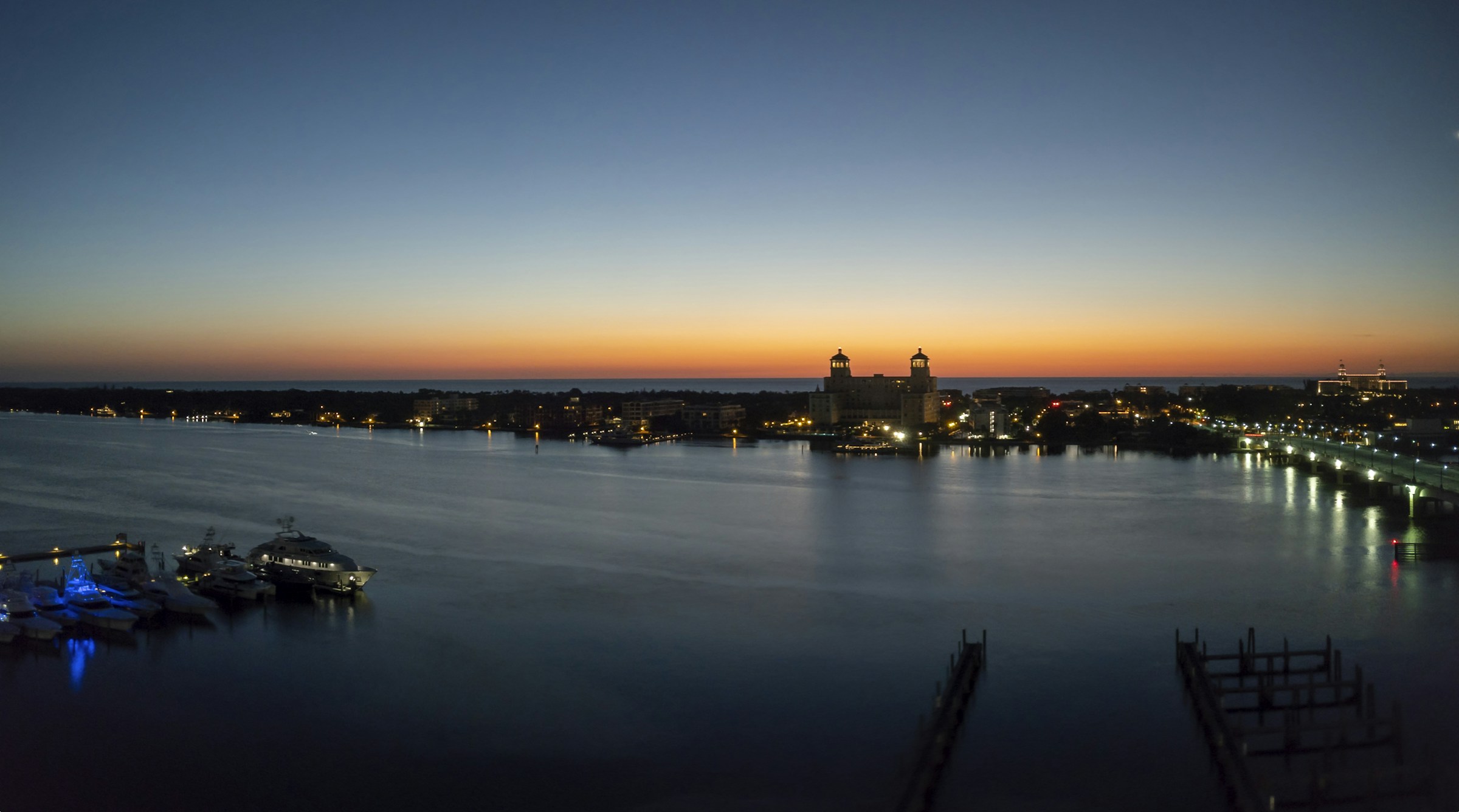 Sunrise over the intracoastal at West Palm Beach with the downtown skyline on the far bank