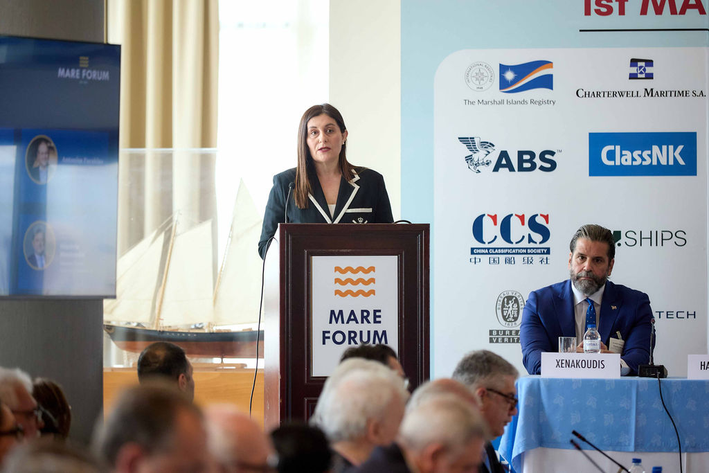 Speaker at the lectern, 1st Mare Forum Chios 2026