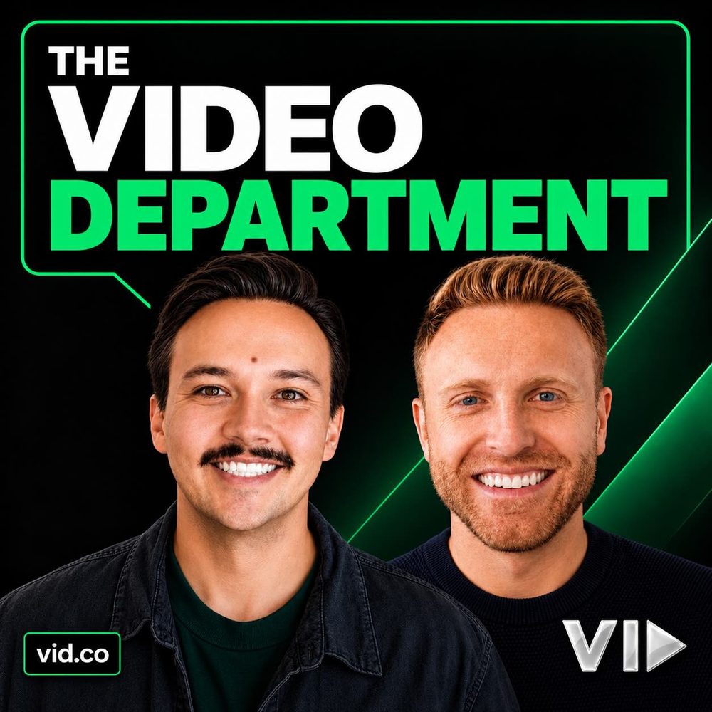Cover art for The Video Department podcast by VID, with the two hosts smiling in front of a green-lit black background
