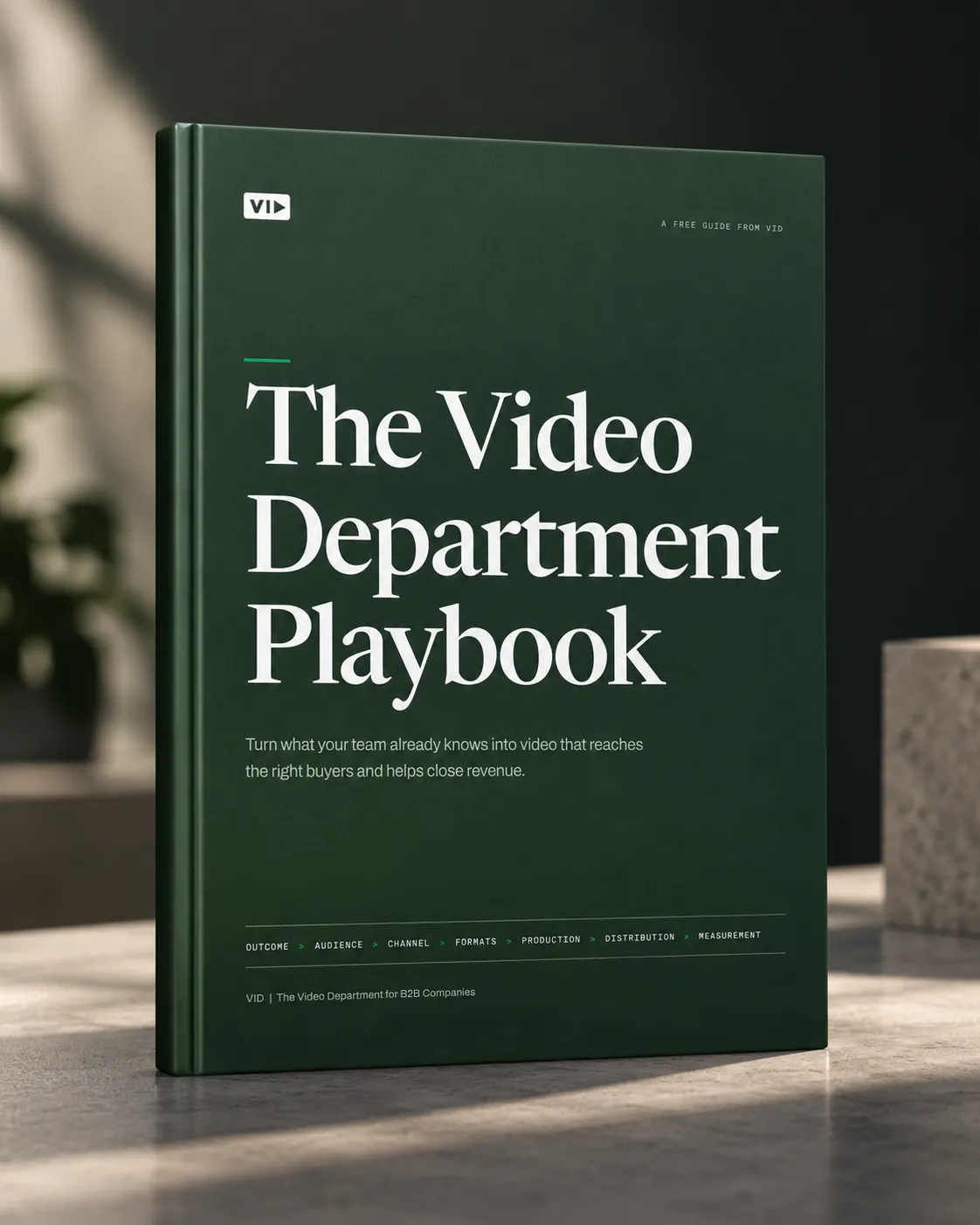 The Video Department Playbook: a hardcover guide with framework, pipeline, and worksheet spreads shown alongside the cover