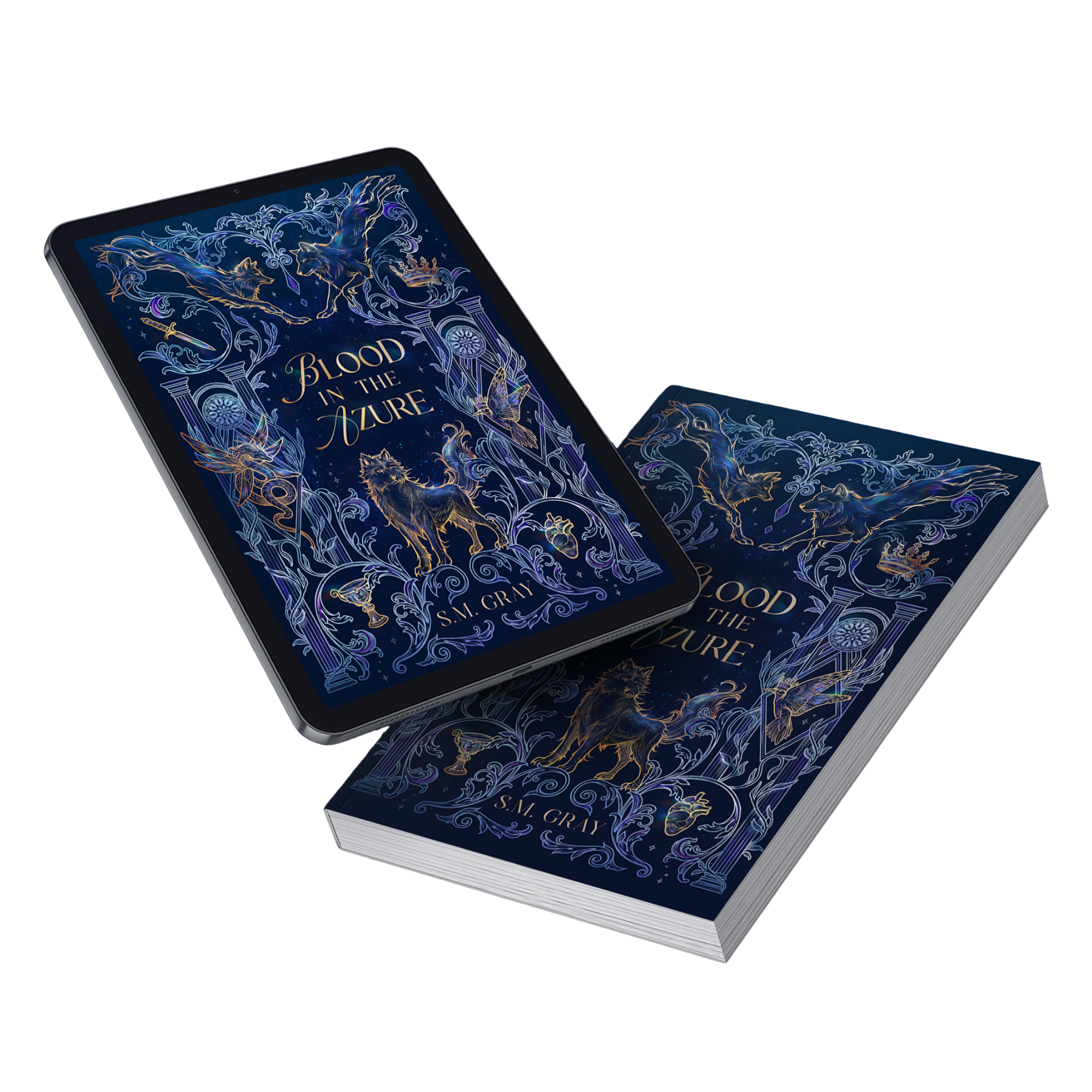 Images of the physical book and ebook of the romantasy series Blood in the Azure