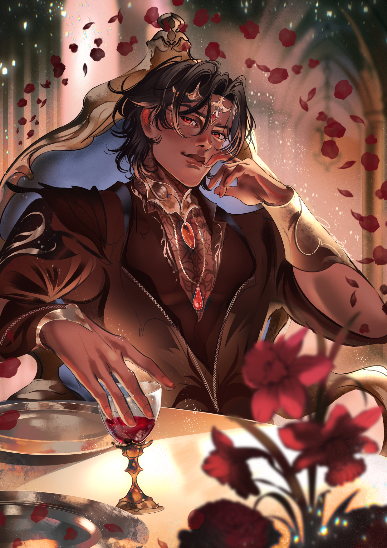 An illustration of Kaseus. He looks dapper in a suit with a glass of wine, surrounded by floating flower petals