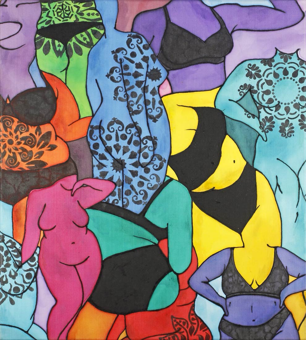 Nicola Davis artwork showing a colourful montage of female forms - painted on silk