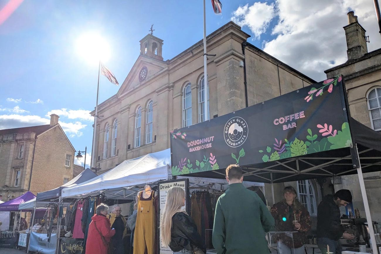 A vegan market stall outside of the Town Hall