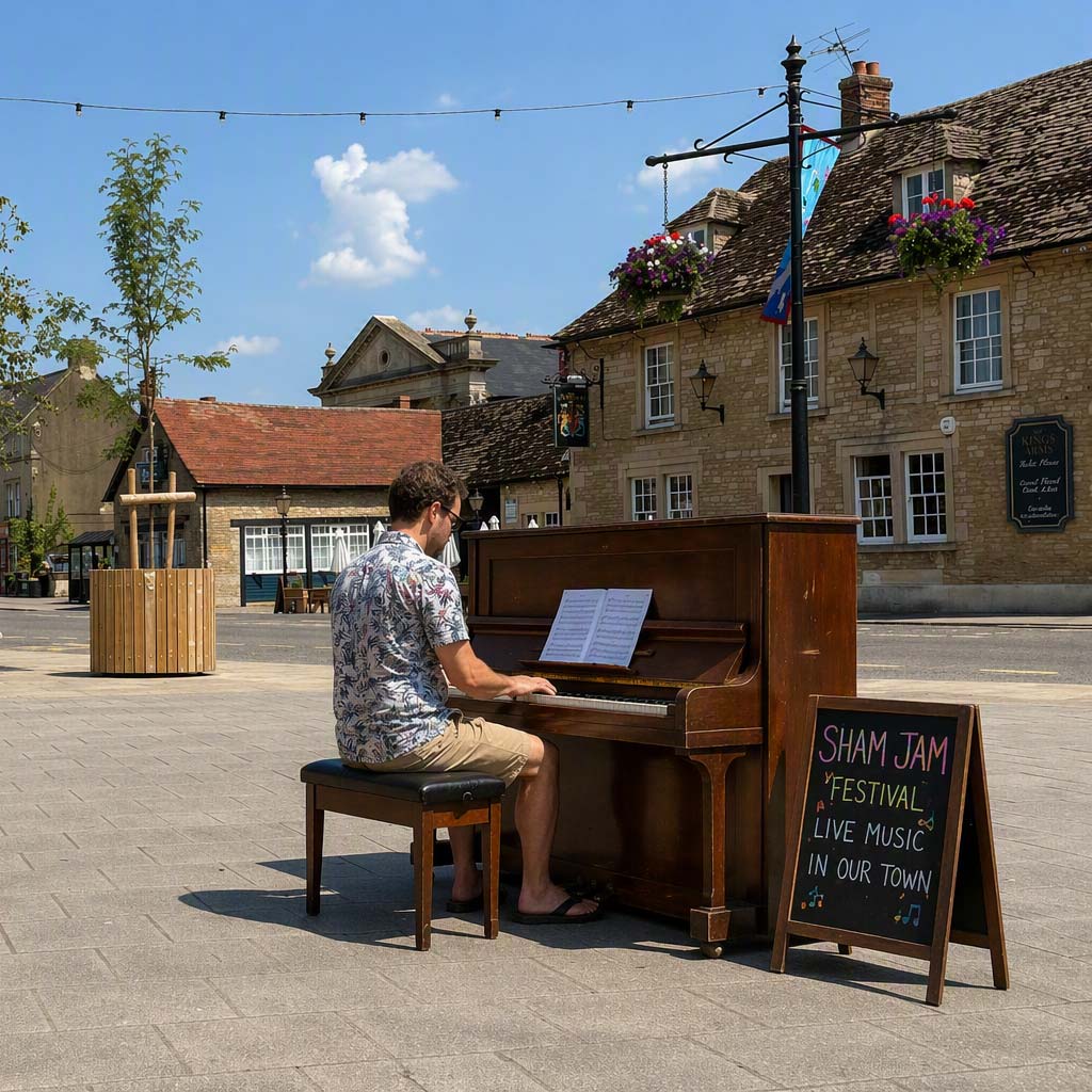 A passerby plays n an upright piano in Market Place, Melksham