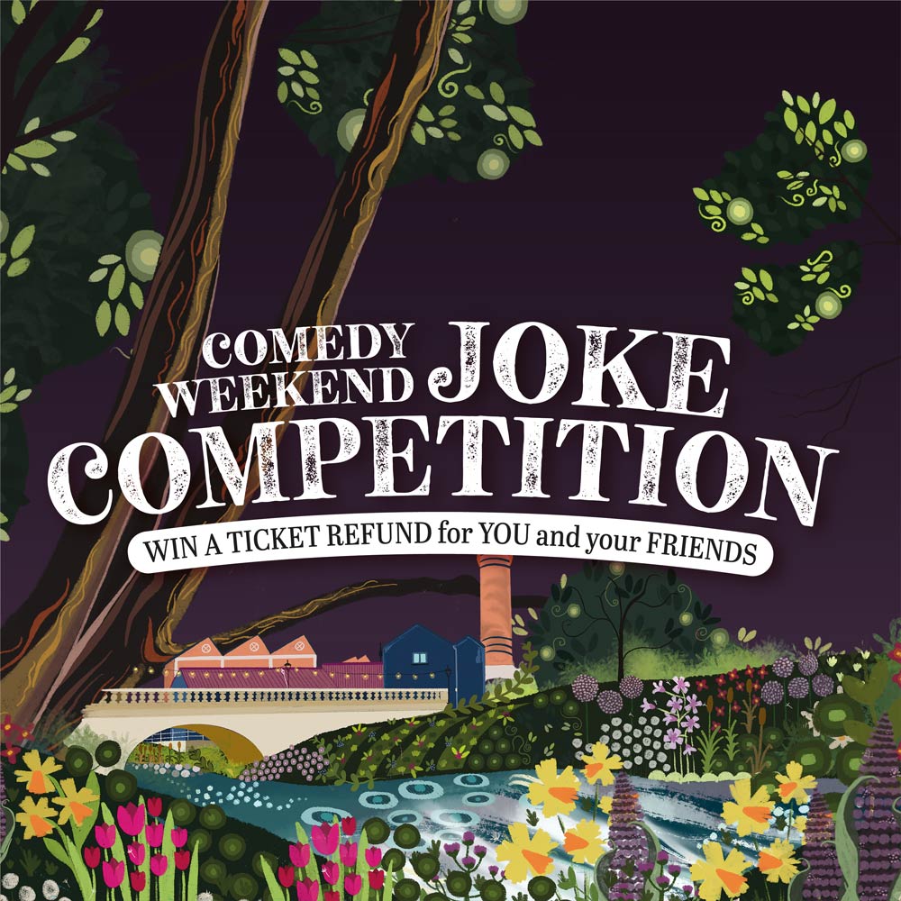 Joke Competition indentifier with text and Melksham landmarks illustration including the old Melksham rubber factory