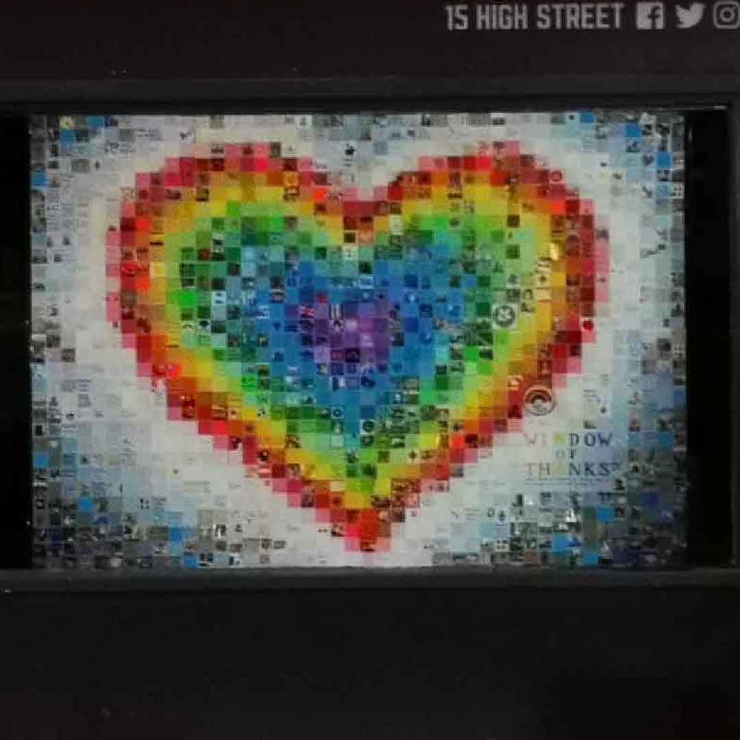 Heart mural created by Miriam in shop window