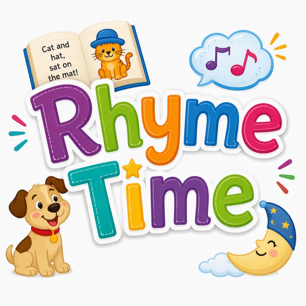 Rhyme Time typography with a fun illustration of a dog, moon, musical notes and book with a cat on it