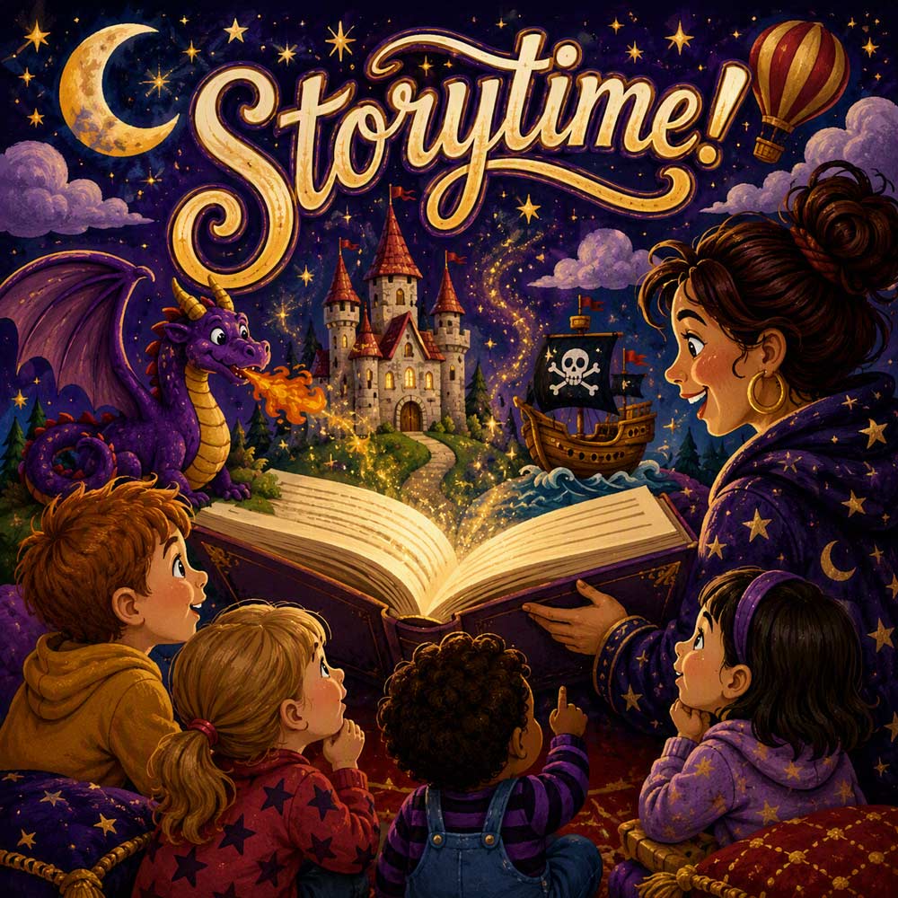 A young woman reads a story to 4 children against a background of dragons castles and pirate ships to allude to imagination.
