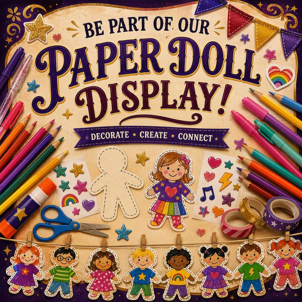 Paper dolls, pens, pencils and stickers with the message be art of our paper doll display