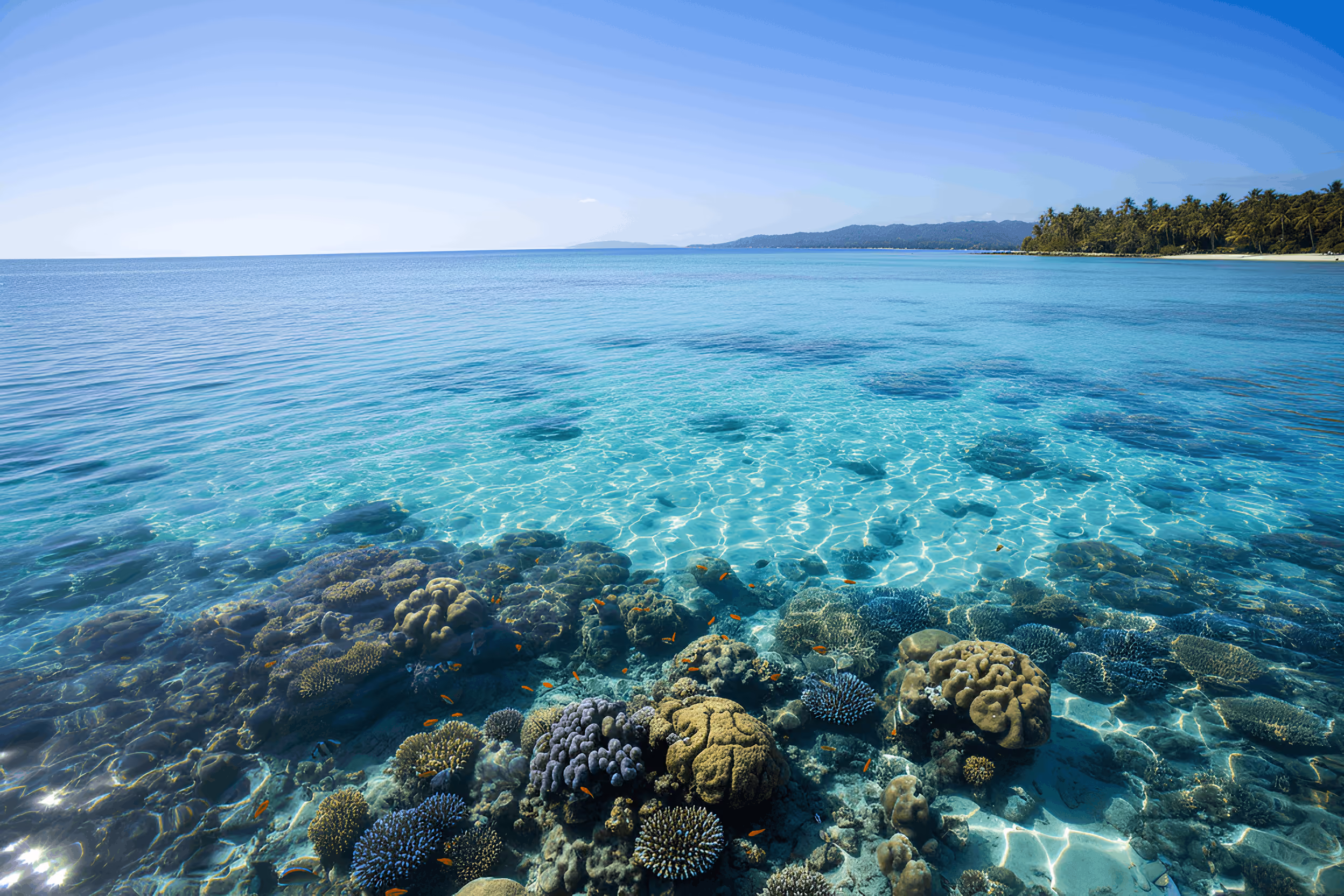Aerial view of five snorkelers swimming over clear turquoise water with coral reefs visible below.