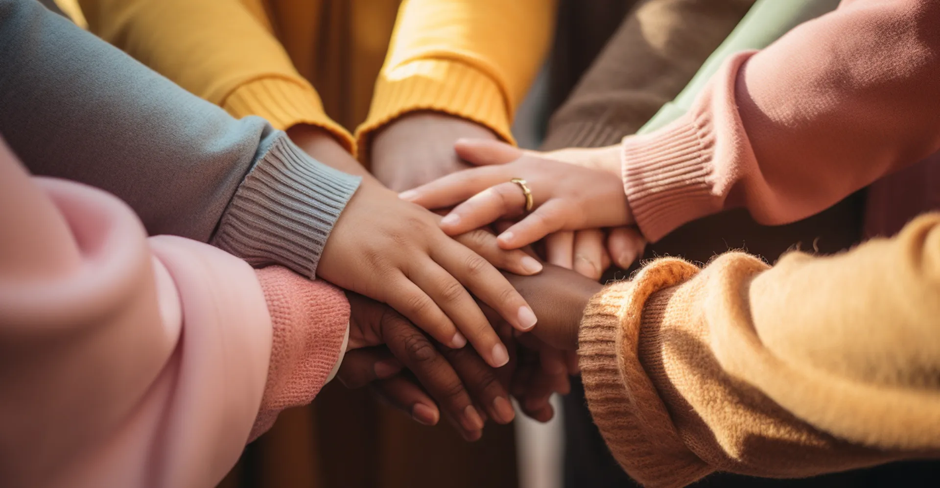 Several hands of diverse people stacked together, symbolizing unity and teamwork.