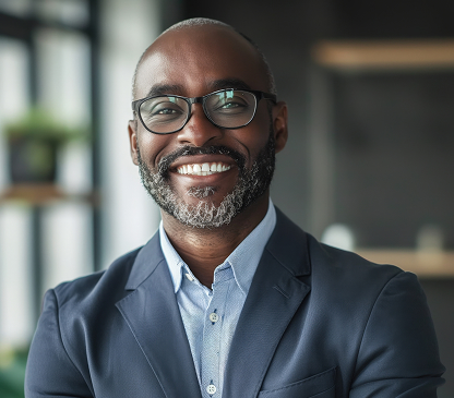 Smiling man with glasses, beard, and gray hair wearing a blue blazer and light blue shirt in an office setting.