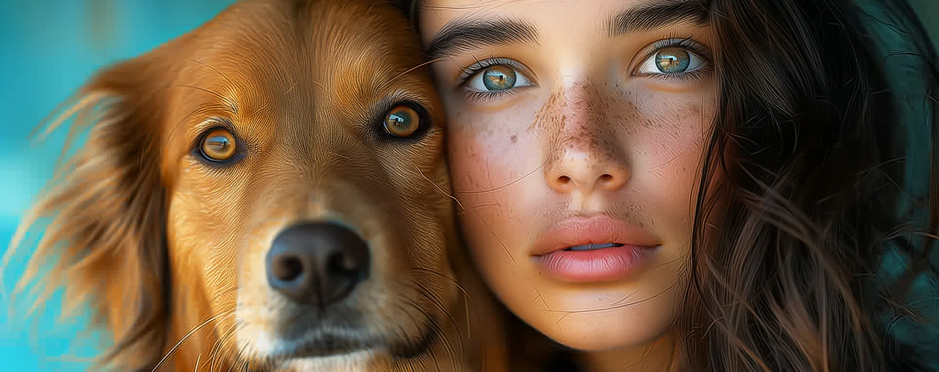 Close-up of a young woman with freckles and a golden retriever side by side, both looking forward.