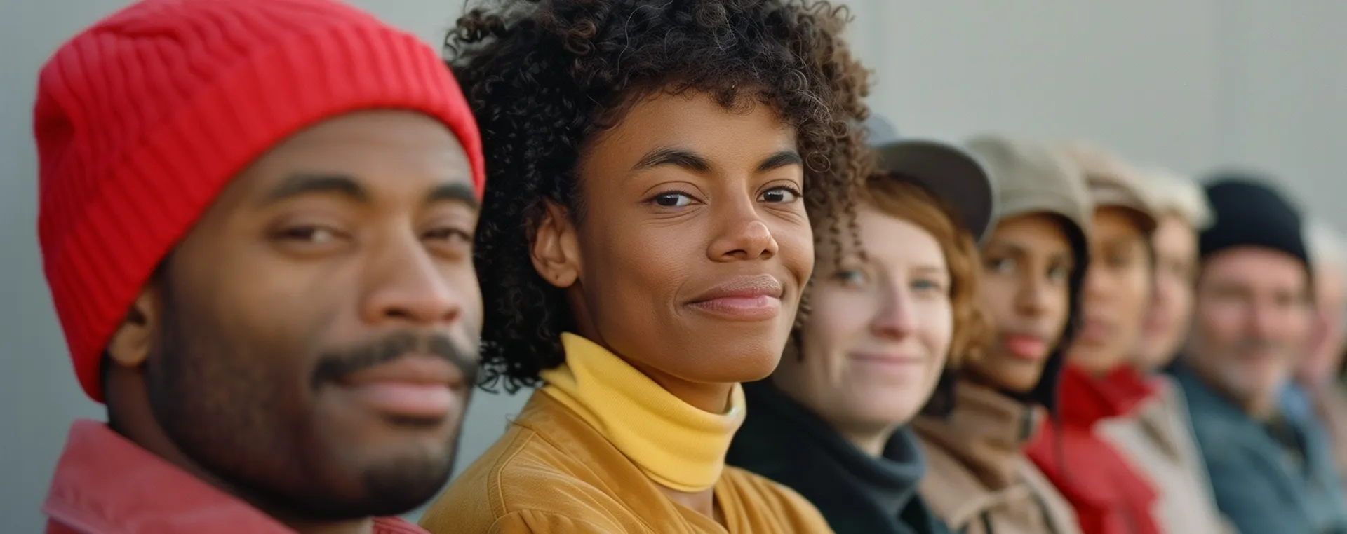 Diverse group of people lined up, smiling and looking at the camera.