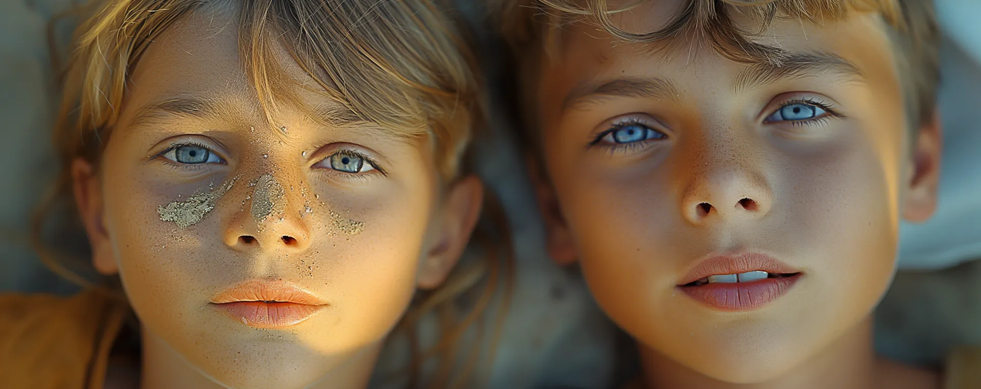 Close-up of two children with blue eyes lying side by side, one with sand on their face.