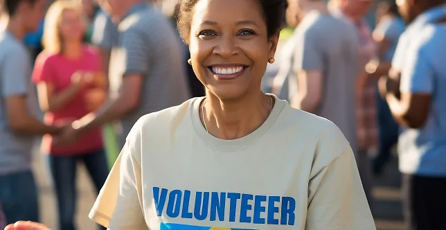 Smiling woman wearing a beige t-shirt with the word 'VOLUNTEER' in blue, with people socializing blurred in the background.