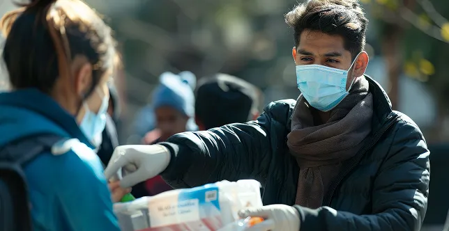 Man wearing a mask and gloves distributing supplies to a masked woman outdoors.