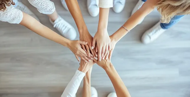 Top view of diverse individuals putting their hands together in a group gesture of unity.