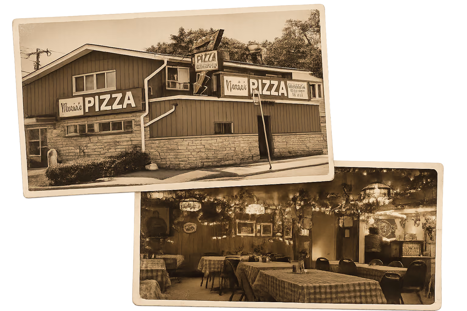 Two sepia-toned photos: exterior of a pizzeria building and interior with tables and chairs.