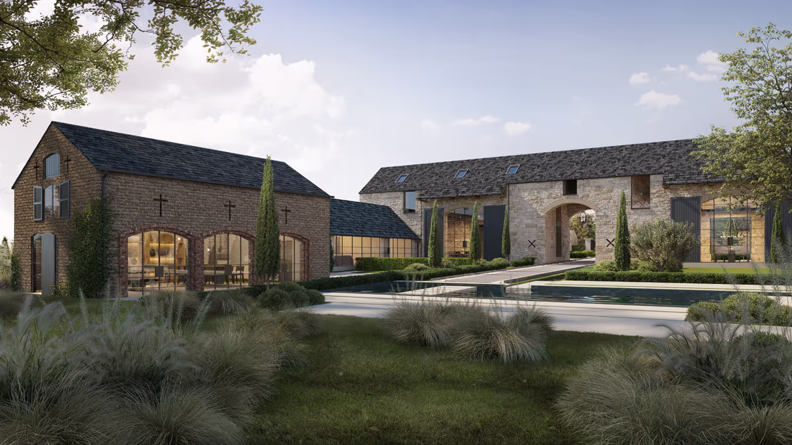Architectural visualisation of stone barns arranged around a landscaped courtyard at Ox Farmyard.