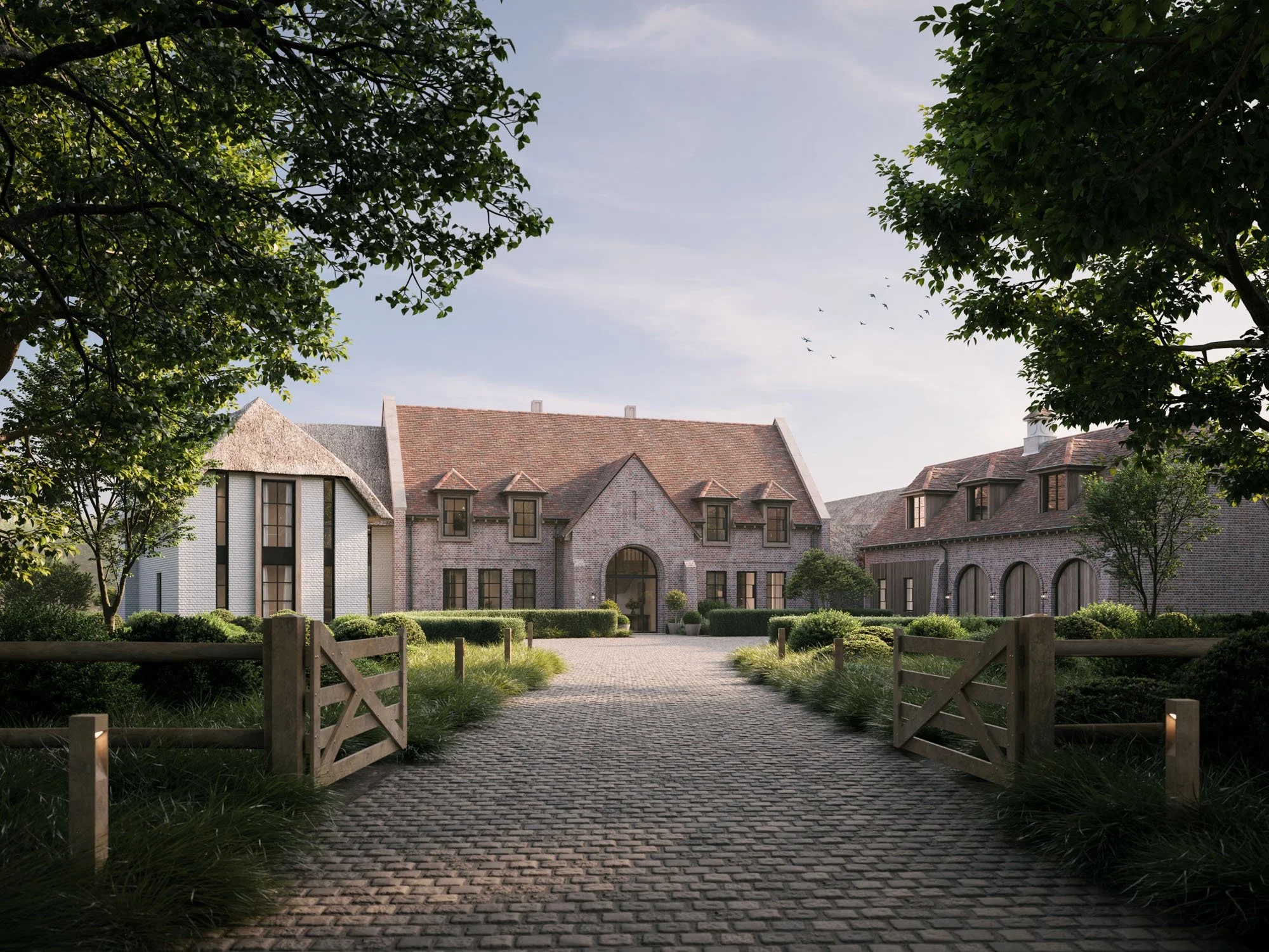 Architectural visualisation of Russell’s Water, viewed through open timber gates towards the house.