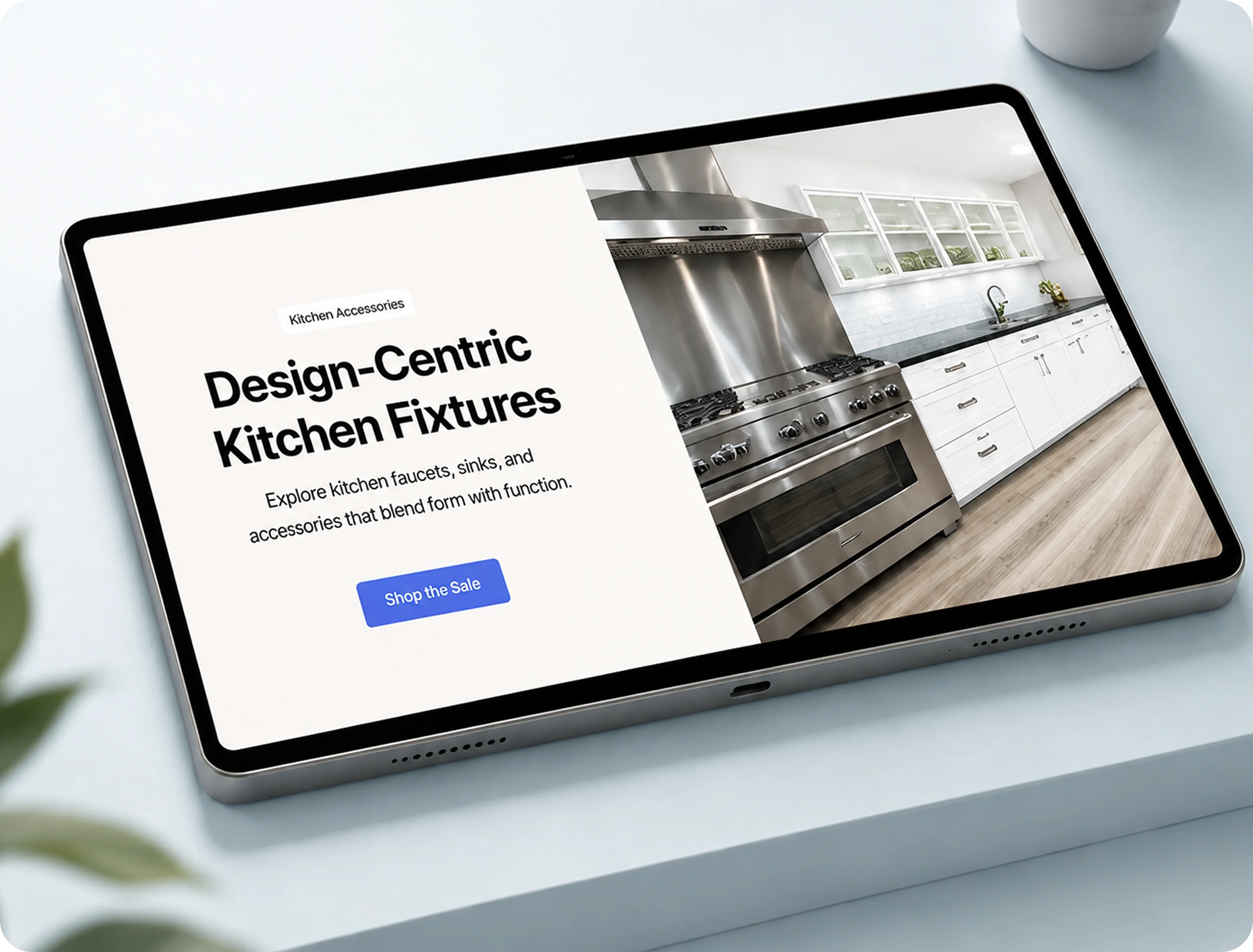 Tablet displaying a kitchen ad for design-centric fixtures with a stainless steel stove and white cabinets.
