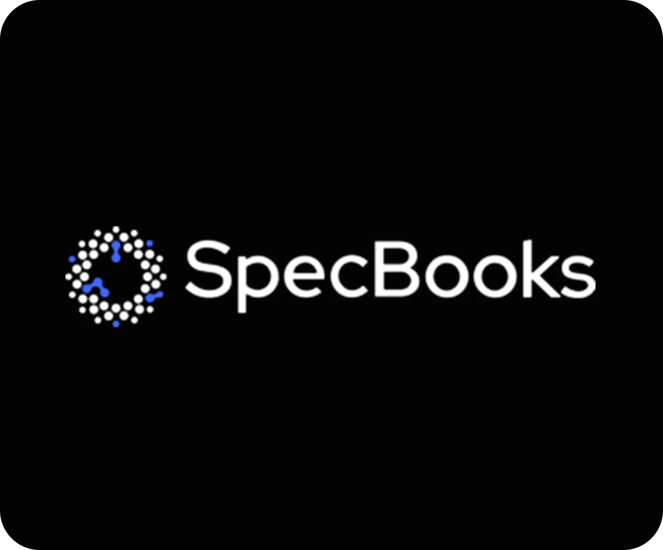 SpecBooks logo with stylized circular dot design on black background.