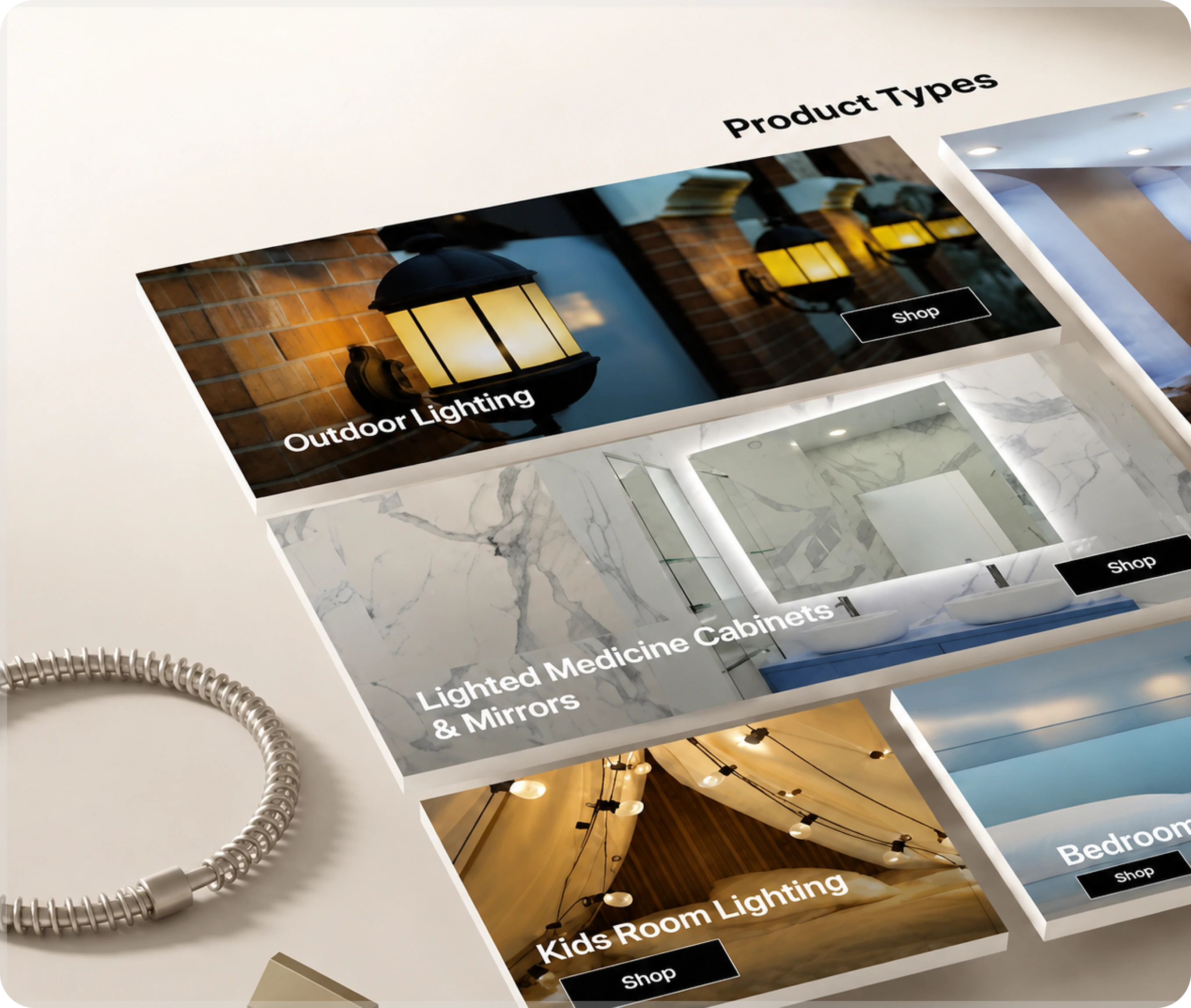 Product types displayed: Outdoor lighting, lighted medicine cabinets & mirrors, kids room lighting, and bedroom lighting.