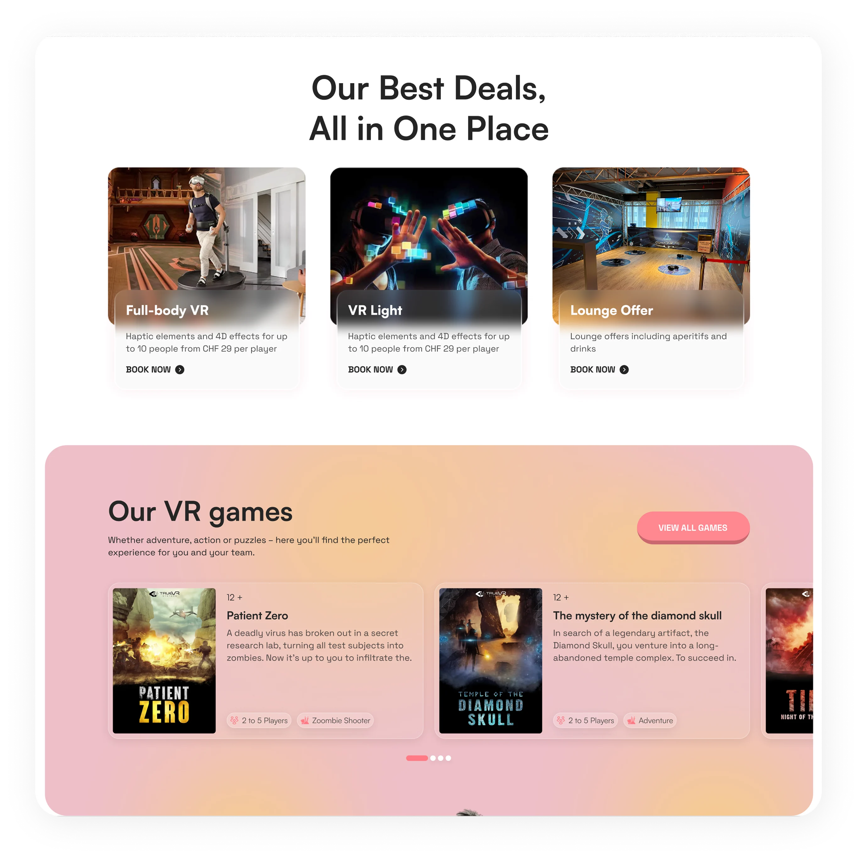 VR deals include Full-body VR, VR Light, Lounge Offer, and VR games Patient Zero and Diamond Skull.