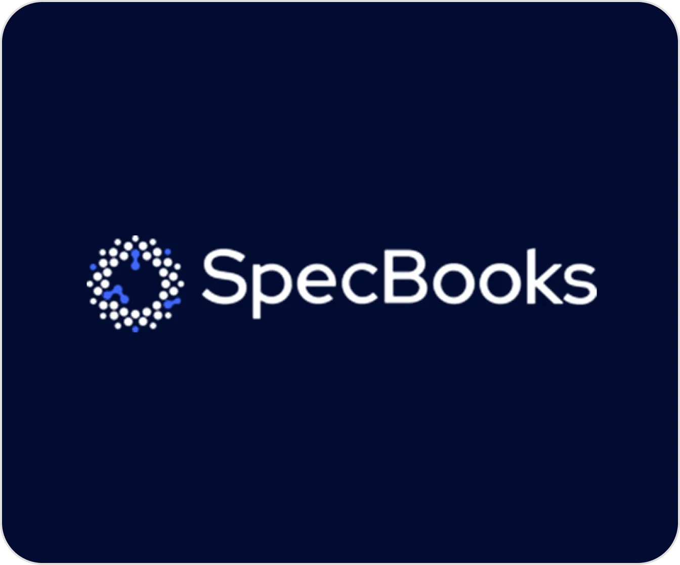 SpecBooks logo with stylized circular dot design on black background.