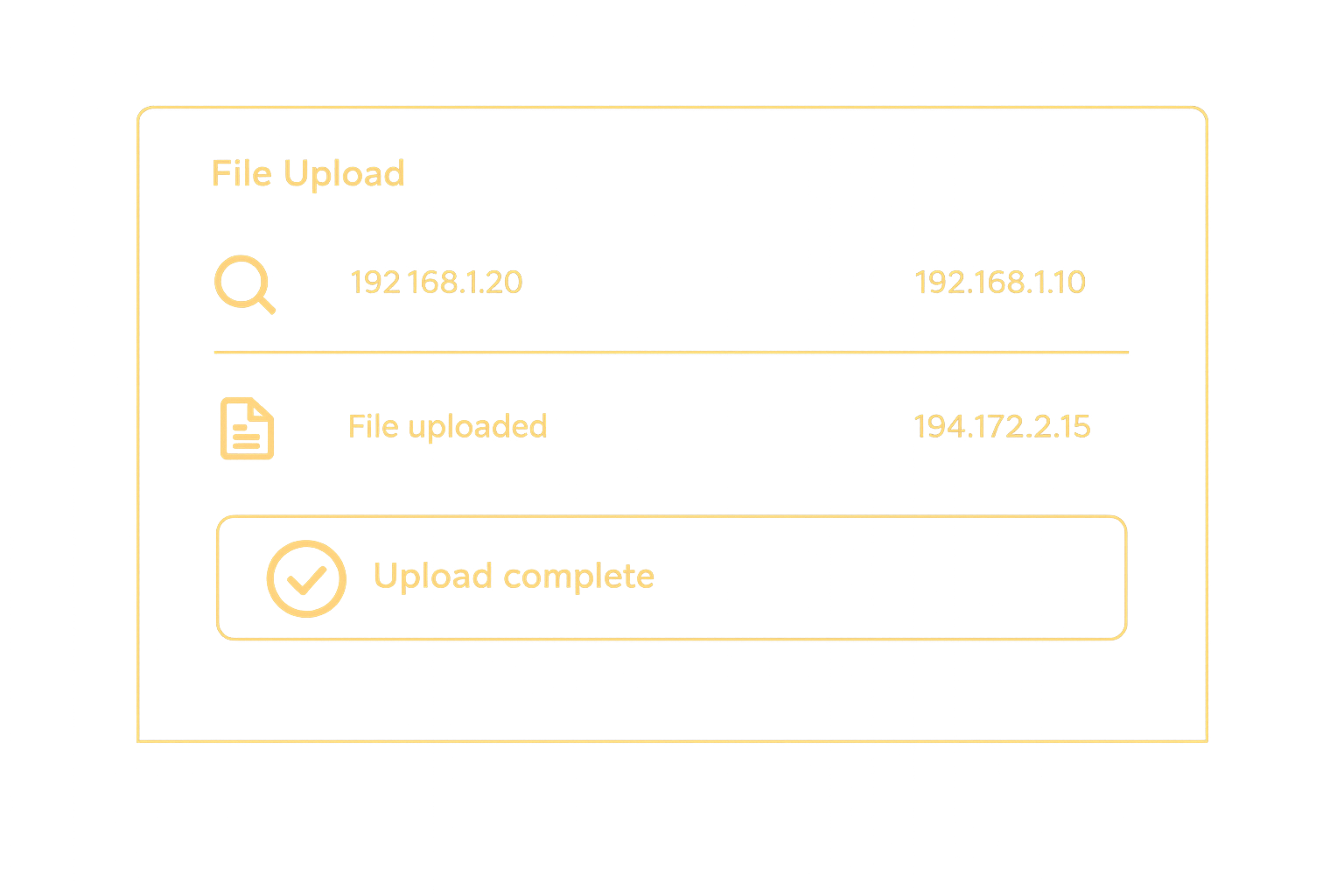 Glowing file upload interface showing IP addresses and an 'Upload complete' confirmation.