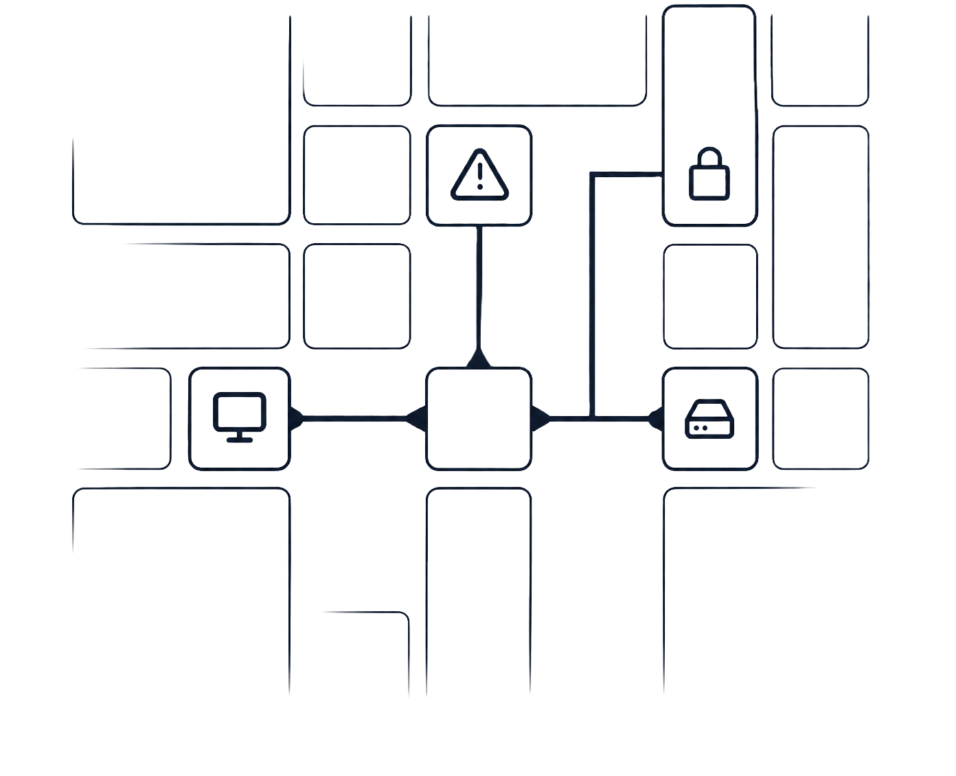 Network diagram with warning, lock, computer, and server icons connected by lines in a grid layout.