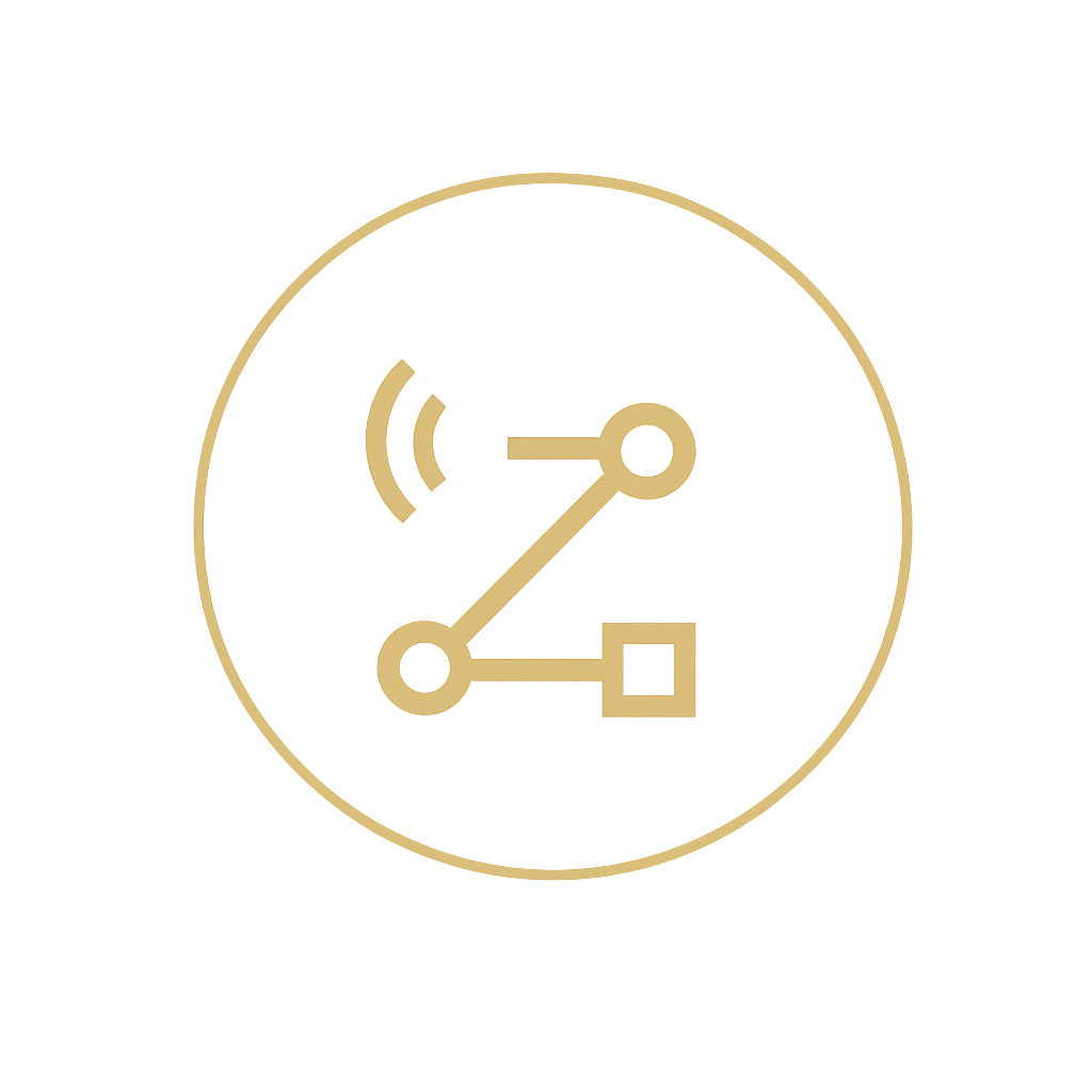 Yellow glowing circle with a tech network icon inside, on a dark gray background.