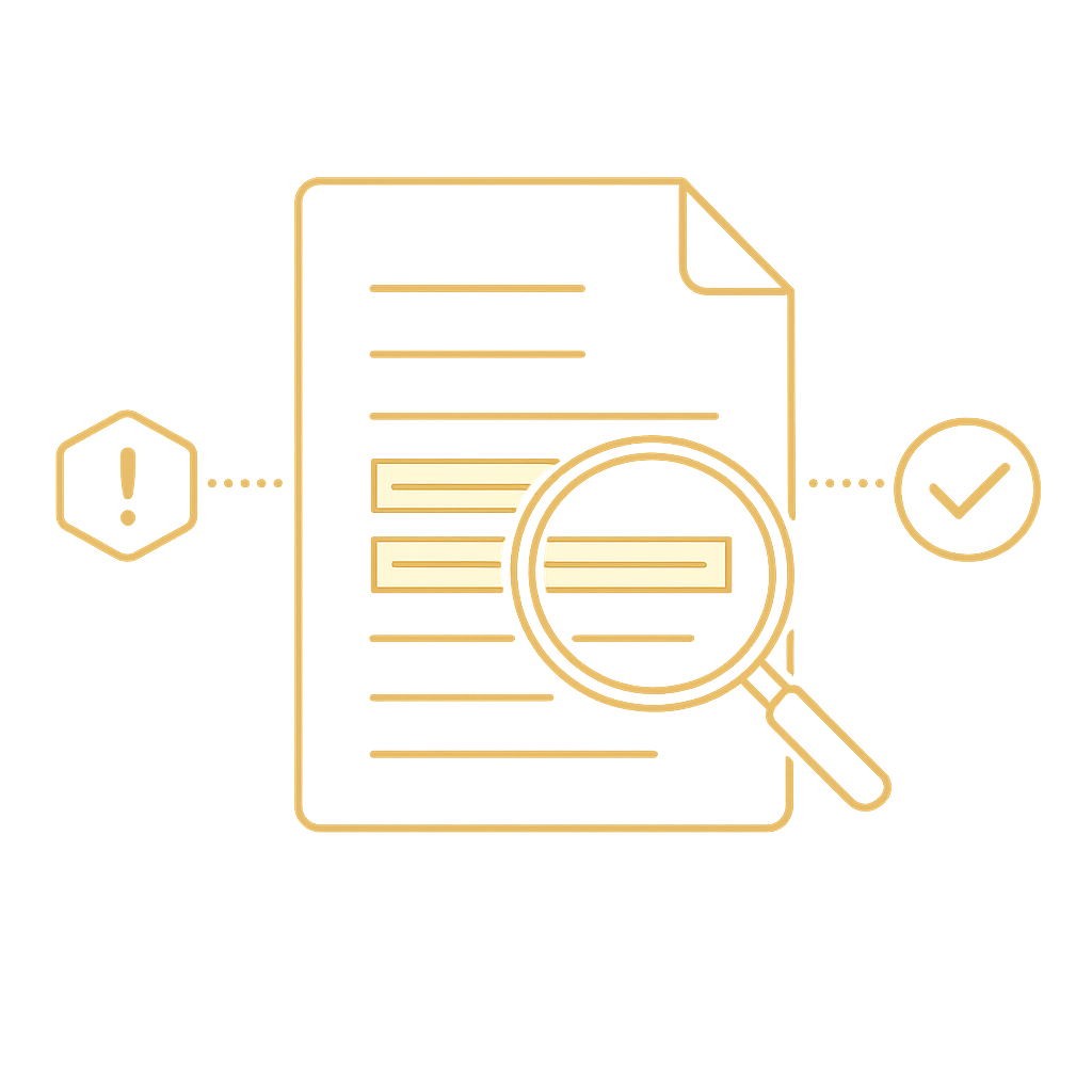 Document with highlighted fields and magnifying glass, flanked by warning and check mark icons.